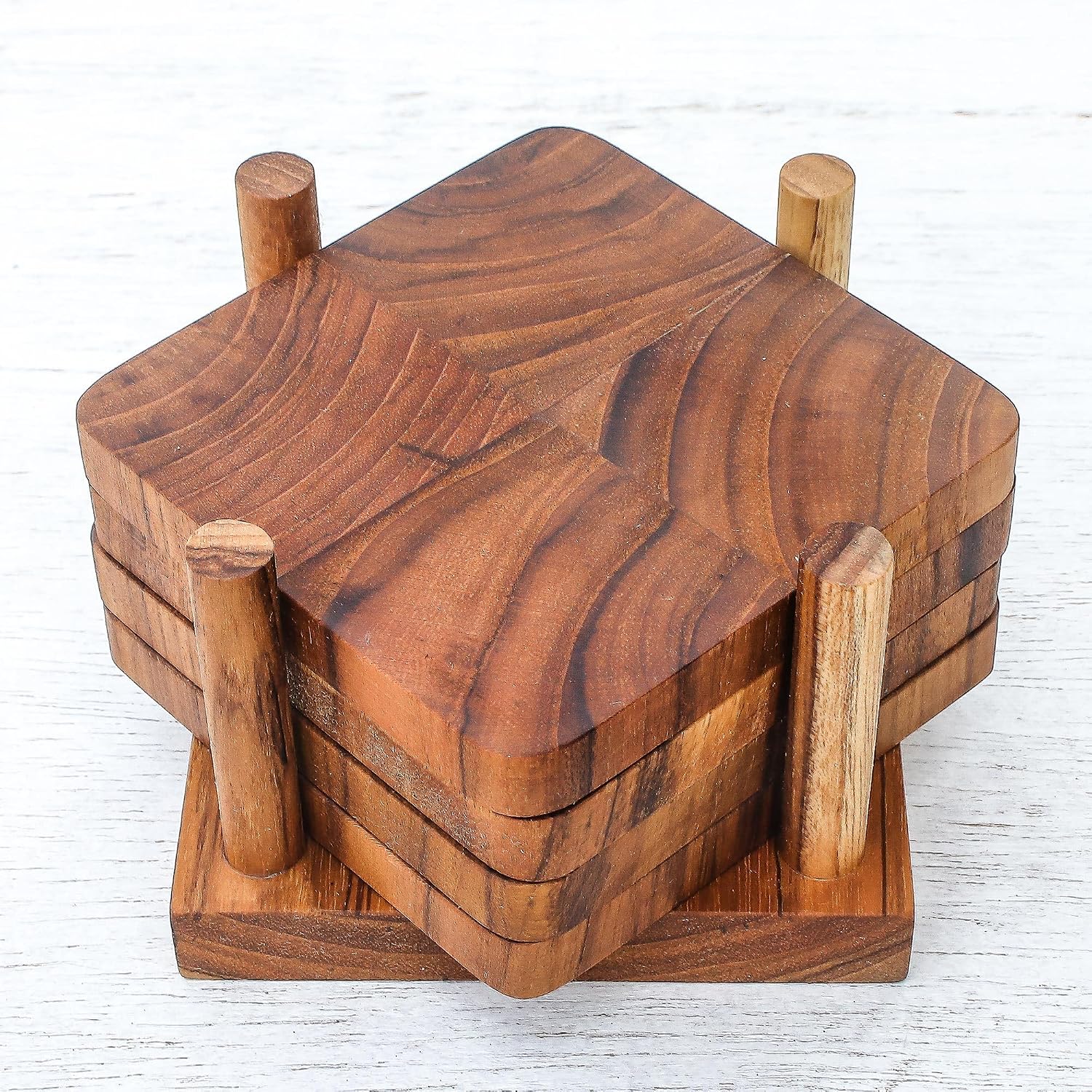 NOVICA Artisan Handmade Teak Wood Coasters from Thailand Set of 4 Brown Tableware Barware [ 3.3in H x 3.3in W x 0.4in D Standbase 3.6in H x 3.6in W x 2.8in D] ' Deep Nature' Set of 4