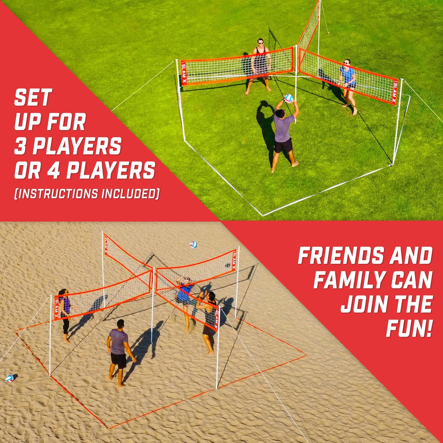 GoSports Slam X 4 Square Volleyball Game Set - 14 ft or 21 ft - Ultimate Backyard & Beach Game for All Skill Levels