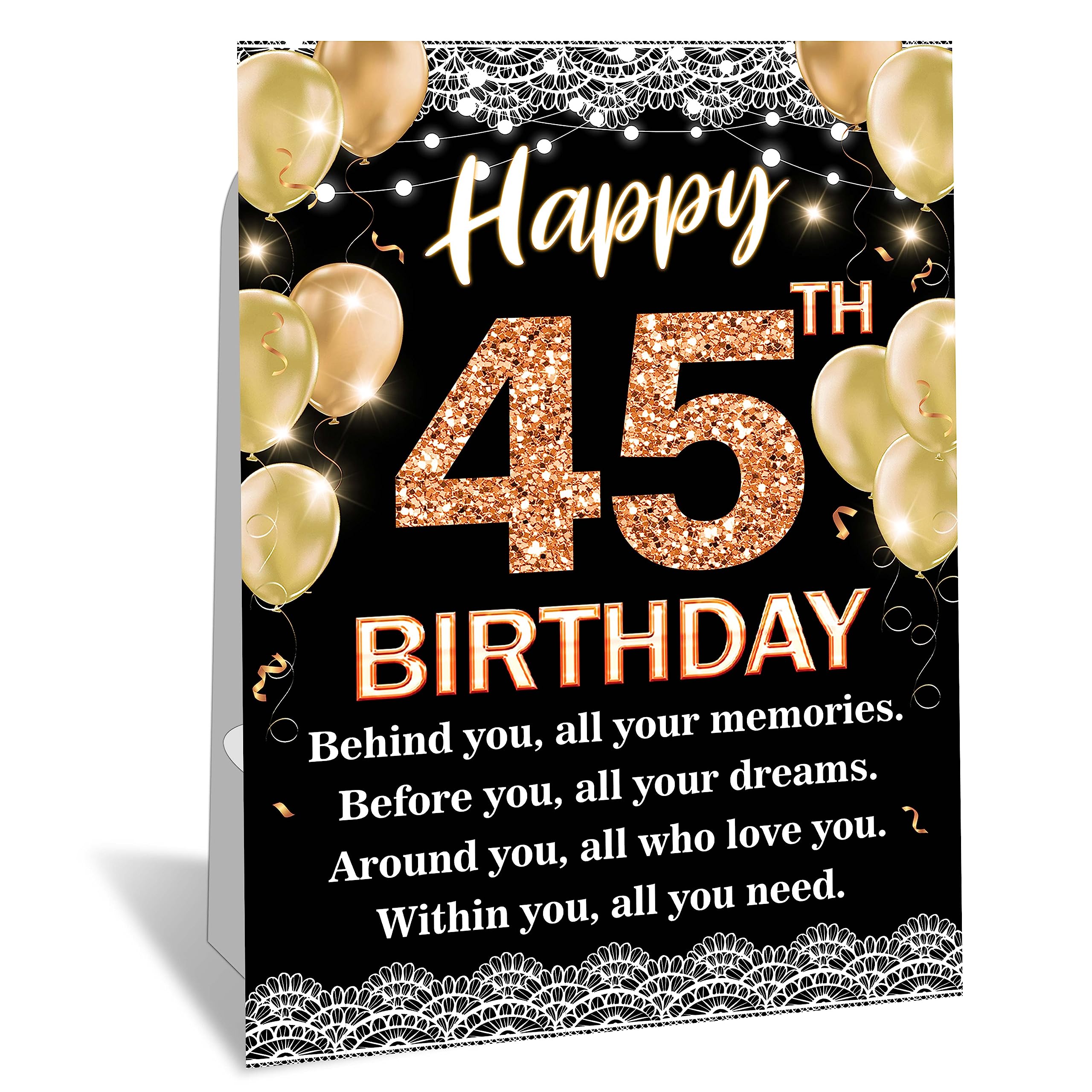 Photo 1 of 45th Birthday Party Table Sign with Paper Holder, Black Gold Birthday Standing Sign for Table Decoration, Happy Birthday Table Decor for Women Men, Anniversary Celebration Supplies(1 Set of), B08