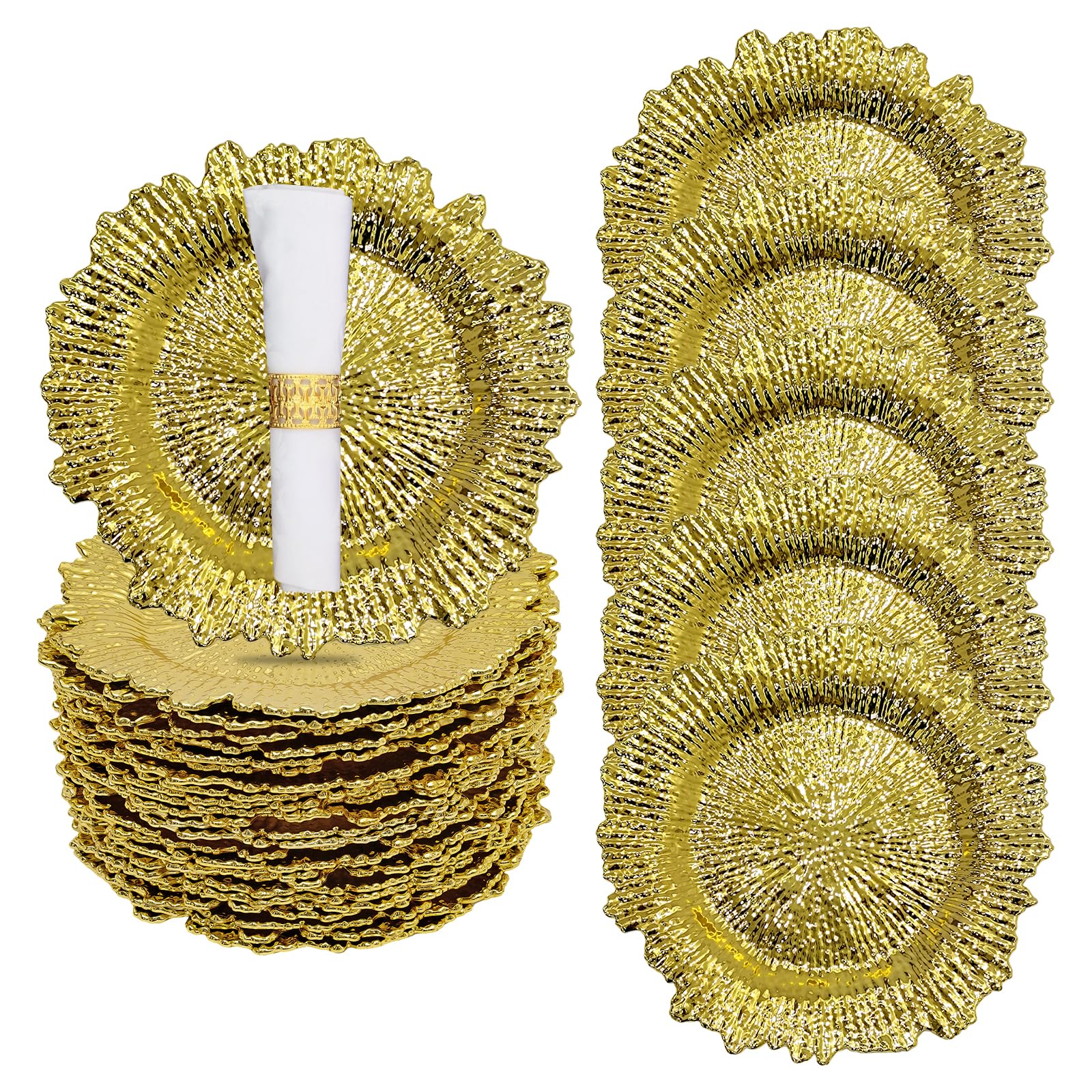 CeRaBuRET 24 Pack Round Plastic Reef Plate Chargers with Flora Reef Design, Gold Chargers For Dinner Plates Set Of 24 For Wedding, Party