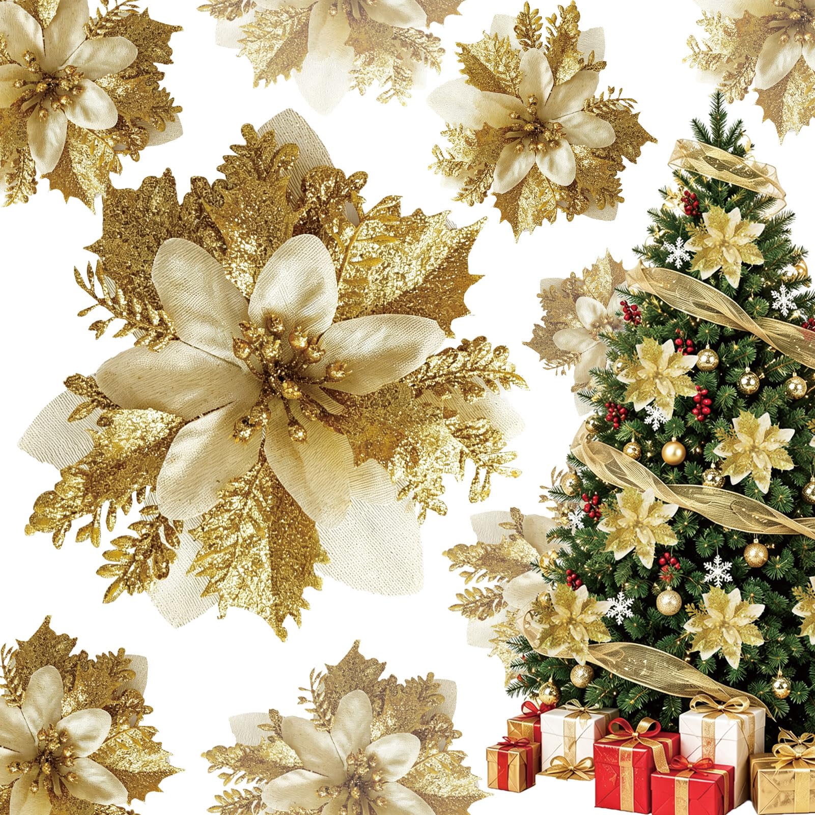 ATB-Foger 12pcs Artificial Flowers Glitter Poinsettia Christmas Decorations