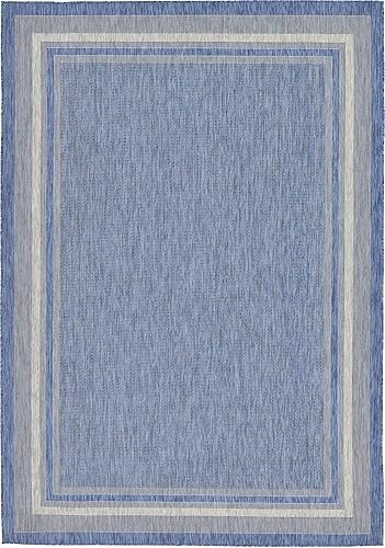 Vista 371 de Unique Loom - Colección Outdoor Border - Tapete para exteriores de borde suave - 5 pies 3 pulgadas x 8 pies, rectangular, azul/marfil azu/marfil