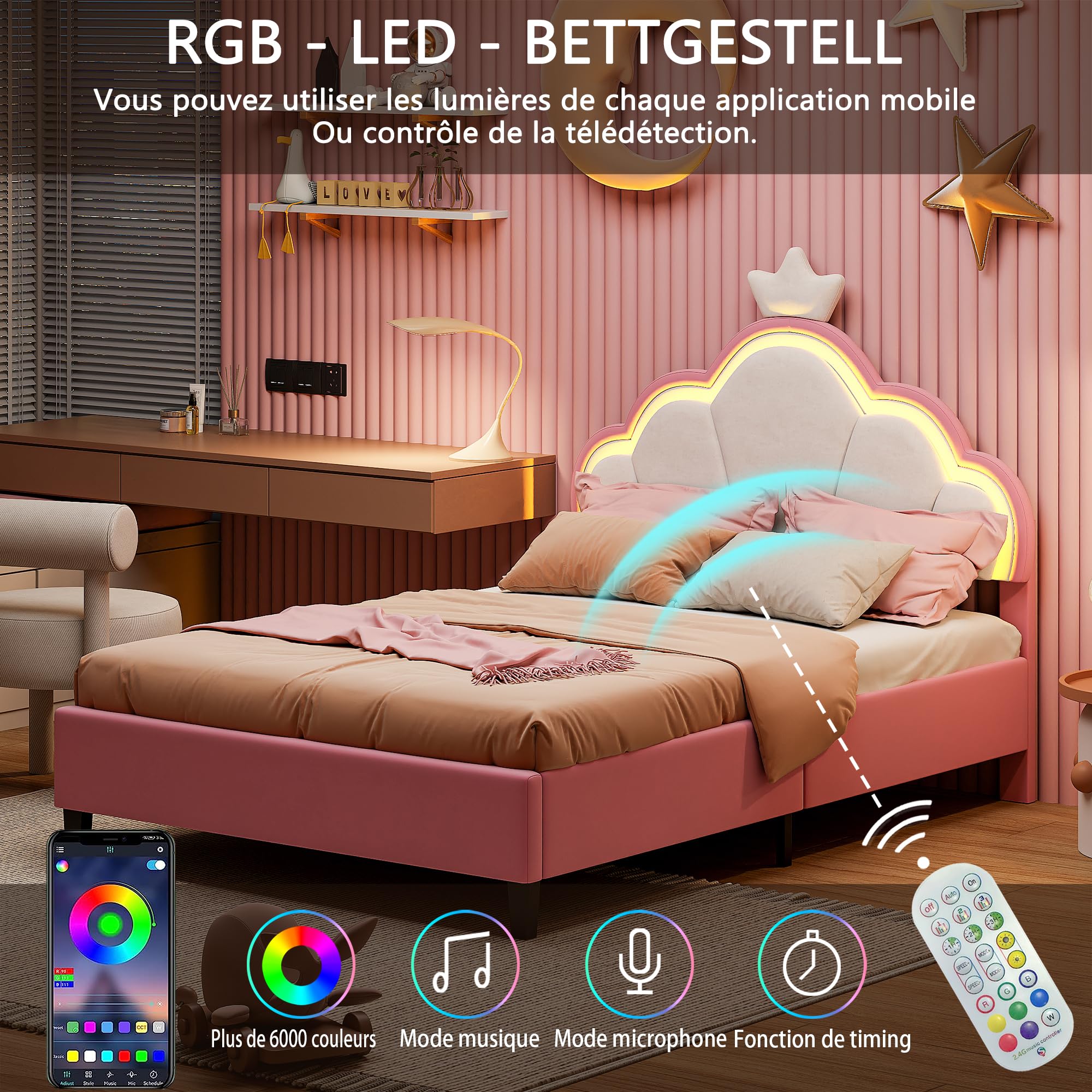 Lit Enfant Rembourré 90x200 cm avec LED pour Fille Adolescent- Tête de Lit Réglable en Hauteur, Sommier à Lattes, Design Couronne de Princesse en PU Rose (sans Matelas)