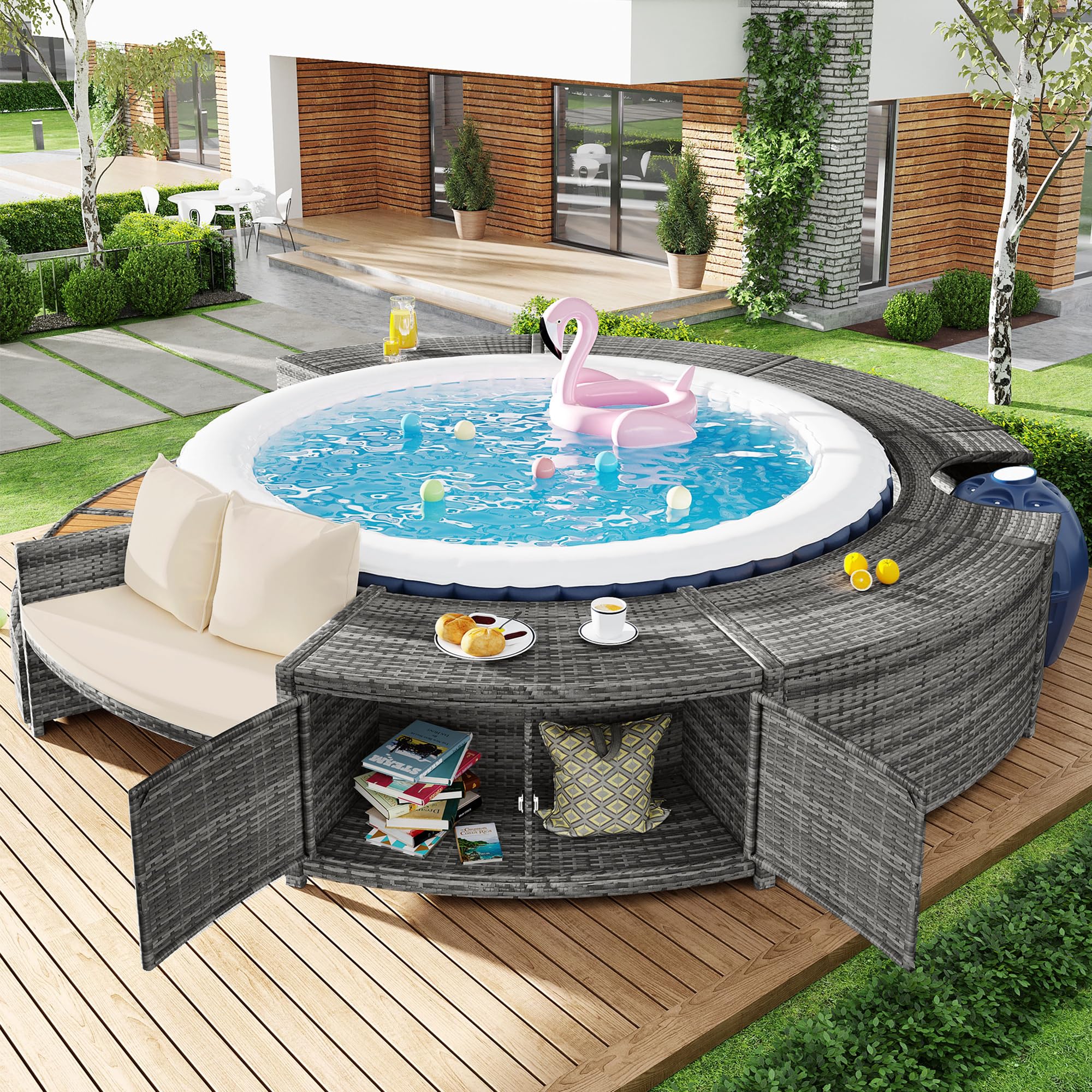 Set de salón de jardín Shye con sofá redondo, juego de muebles de jardín, set de salón, para jacuzzi y piscina, con patas ajustables, incluye cojines, muebles para terraza, jardín o área de piscina