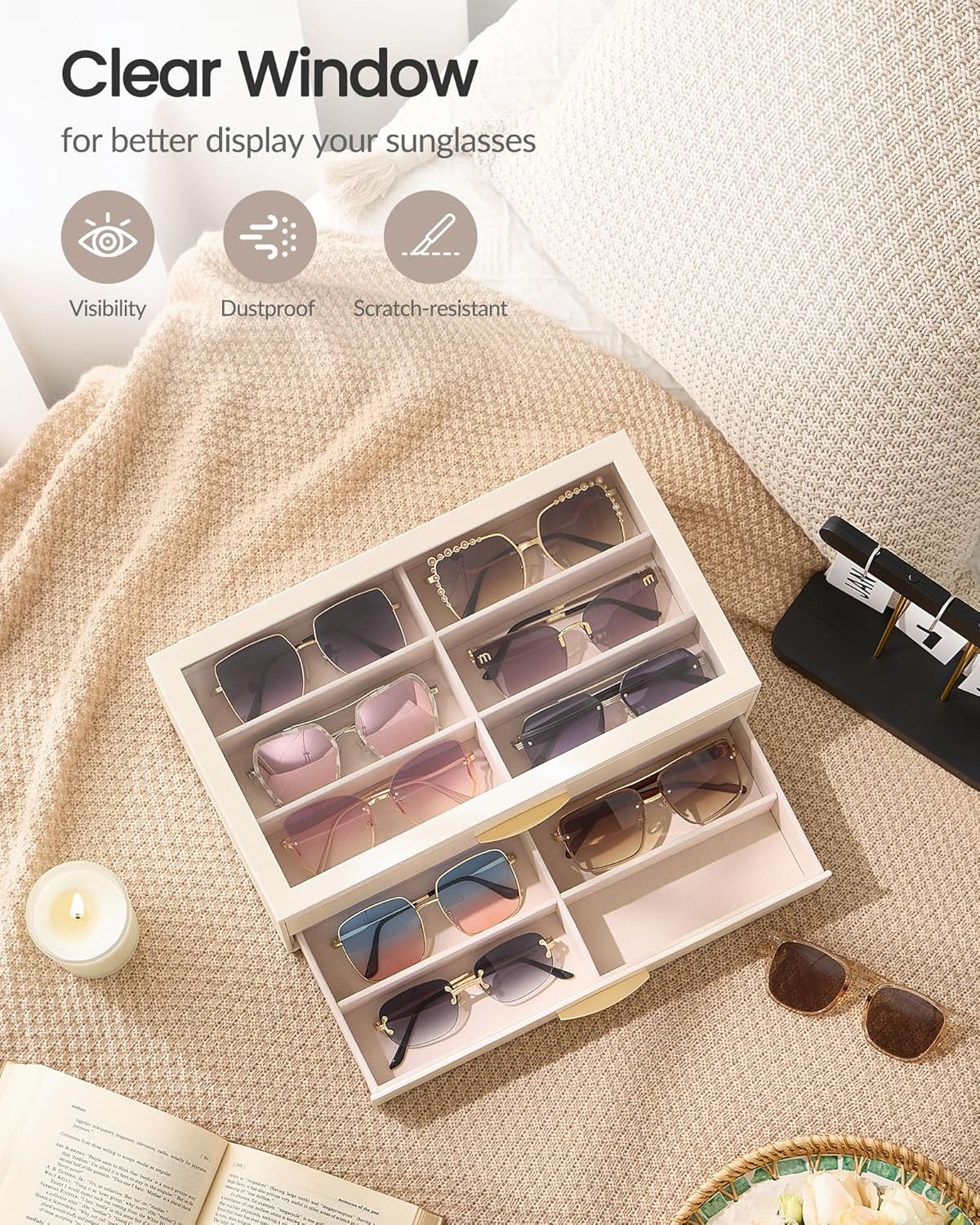 Lolalet 12 Slots Women’s Sunglasses Organizer with Enlarged Compartment, 2-Layer Eyewear Storage Box with Drawer, Glasses Case Display Holder with Clear Top Lid for Eyeglass Collection -Cream