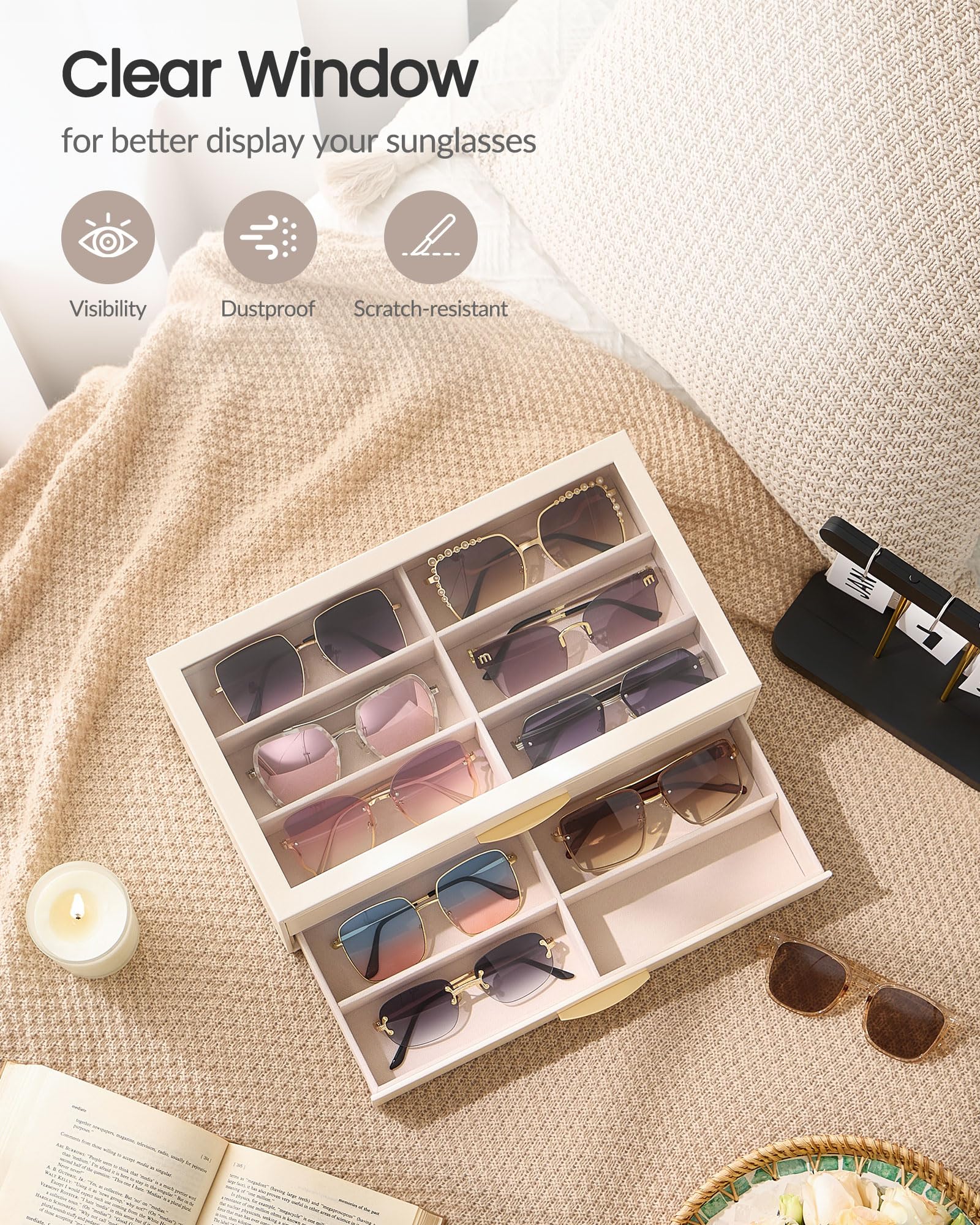 Lolalet Organizador Gafas de Sol para Mujer, Estuche de PU con Tapa Transparente y 2 Niveles, Capacidad para 12 Gafas -Cream