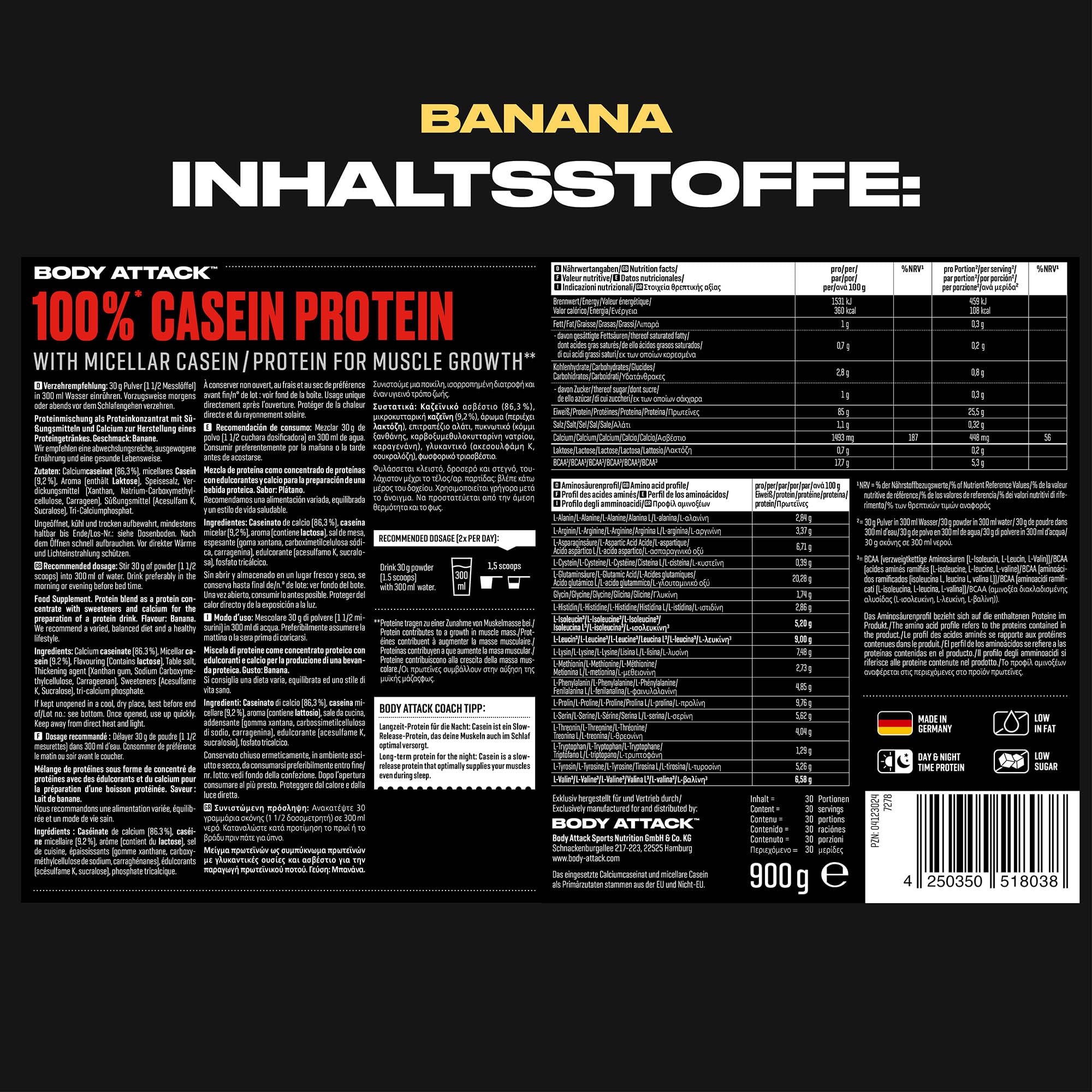 Body Attack 100% Caseine Proteine, Acides aminés-Proteines musculation, Low Carb - Prise de masse -Pour sportifs, athlètes et les personnes soucieuses de leur silhouette-900g protein powder- banane