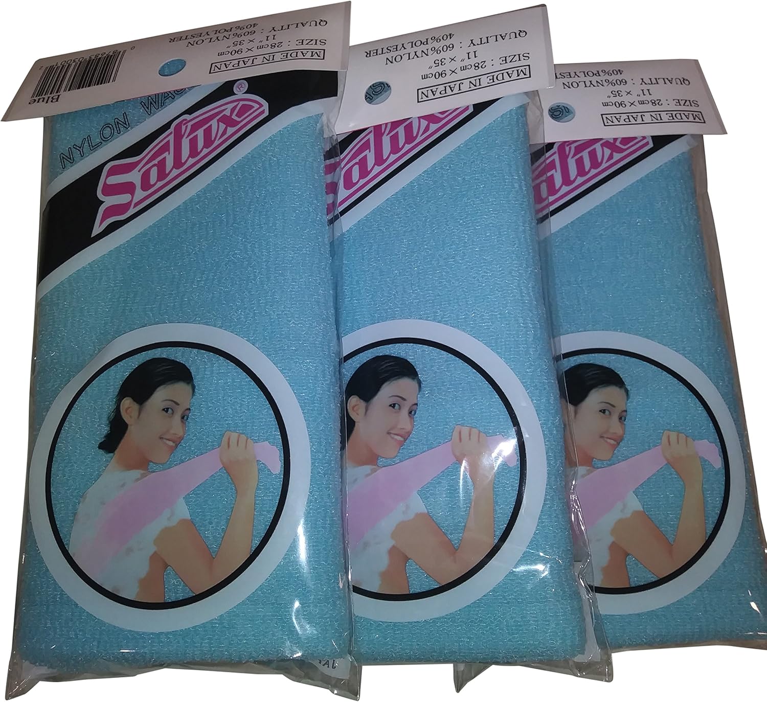 SALUX Nylon Japanese Beauty Skin Bath Wash Cloth/Towel - Blue (3 pack, Blue)