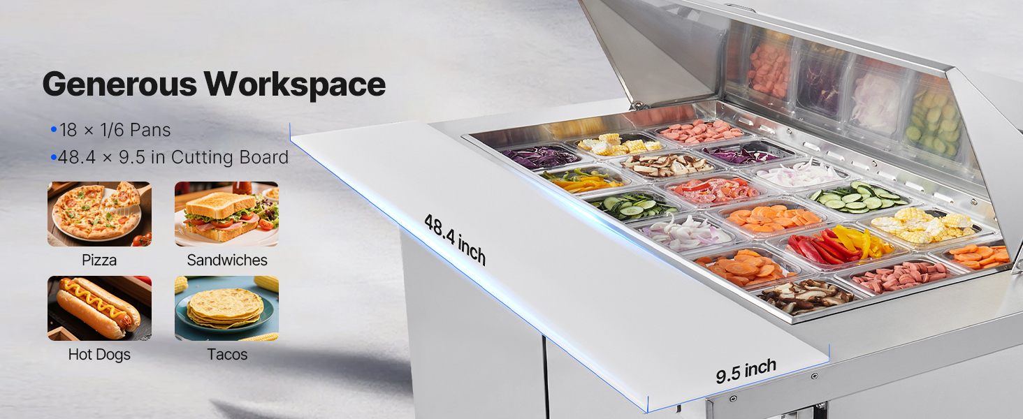 Image of VEVOR 48 inchW Commercial Refrigerator, 12.5 Cu. Ft Sandwich Prep Refrigerated Table, Mega Top Food Prep Fridge with 18 Pans and Cutting Board, Stainless Steel Salad Prep Cooler for Restaurant, Food Truck