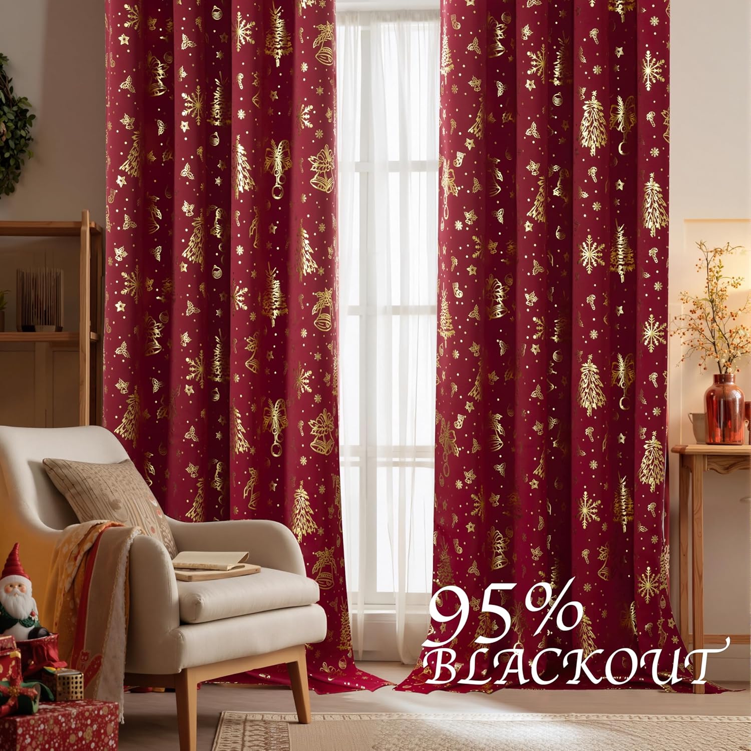 NICETOWN 2 Christmas Red Curtains 52 x 90 Inch, Gold Stamping Grommet Drapes, Holiday Style Window Treatment Panels for Living Room Bedroom Decoration, Festive Christmas Decor