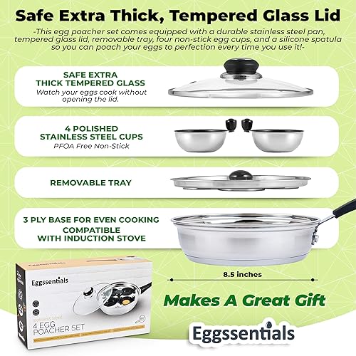 Miniatura 6 de Eggssentials - Sartén de acero inoxidable para hacer huevos escalfados de grado alimenticio libre de ácido perfluorooctanoico PFOA con espátula