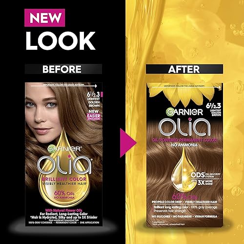 Miniatura 4 de Garnier Olia - Tinte permanente para el cabello sin amoníaco, color brillante, rico en aceite, en tono 6 1/2.3 marrón dorado más claro, 1 unidad (el