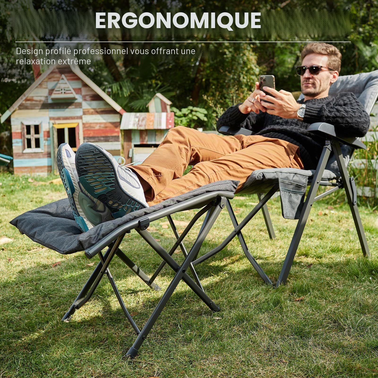 EVER ADVANCED Repose-pieds de camping pliable ergonomique pour salon, repose-pieds de jardin pliable, repose-pieds léger avec sac de transport pour chambre à coucher, jardin, terrasse, extérieur, gris