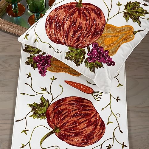 Miniatura 3 de SARO LIFESTYLE Camino de mesa de algodón con diseño de calabaza bordada, 16 x 72 pulgadas, marfil