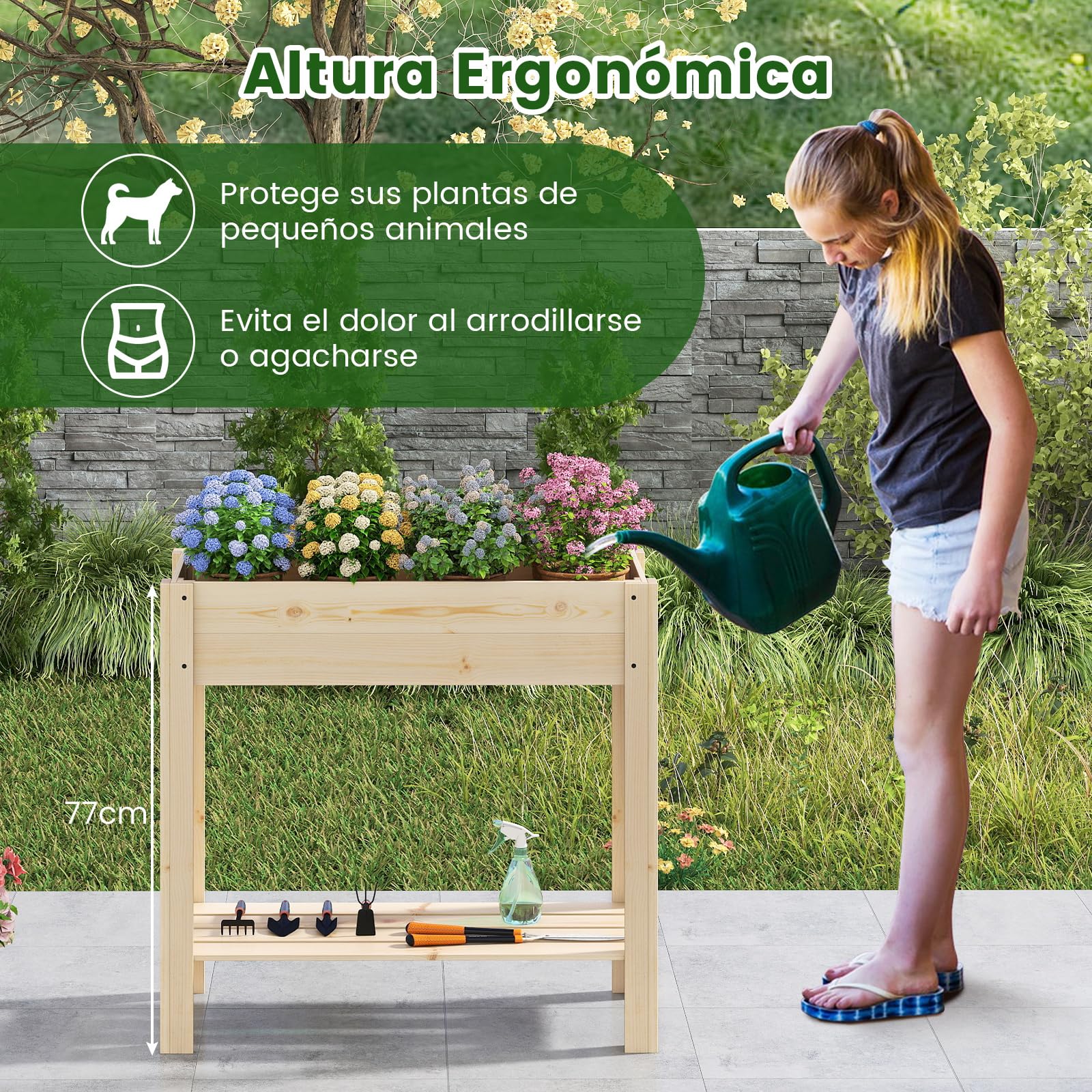 COSTWAY Huerto Urbano de Madera con Patas, Mesa de Cultivo, Jardinera Elevada con Estante, Drenaje, Caja de Plantación 81 x 37 x 77 cm, Jardineras Altas Exterior, para Terraza Exterior, Natural