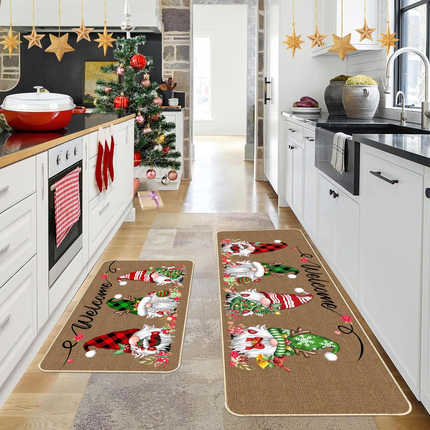 TREWAVE Christmas Kitchen Rugs Gnomes Door Mat Set of 2 Decorative Non-Slip Welcome Floor Mat Low-Profile Holiday Home Bathroom Decoration (17x29 17x47 Inch)