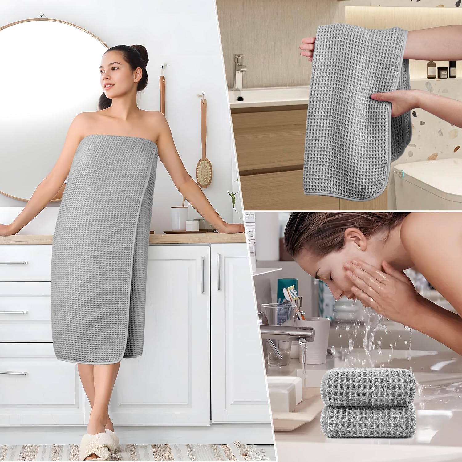 POLYTE 430 GSM Microfiber Quick Dry Lint Free Oversize Bath Towel Set, 6 Piece (Waffle Weave) - Image 5