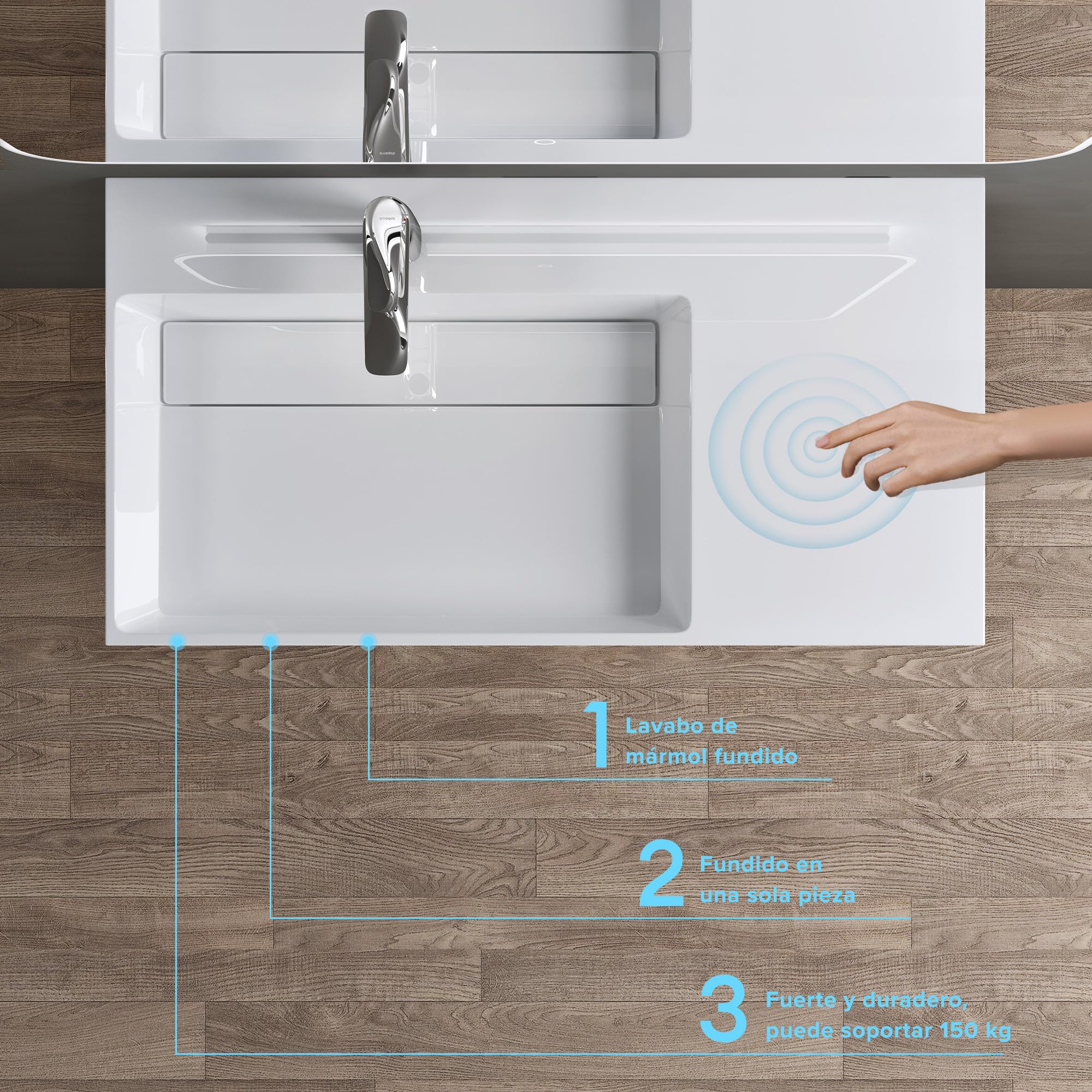 doporro Lavabo sobre Encimera o Suspendido 100x48x13 cm, Mármol Fundido Blanco, Desagüe Oculto, Lavabo Izquierdo, Colossum12