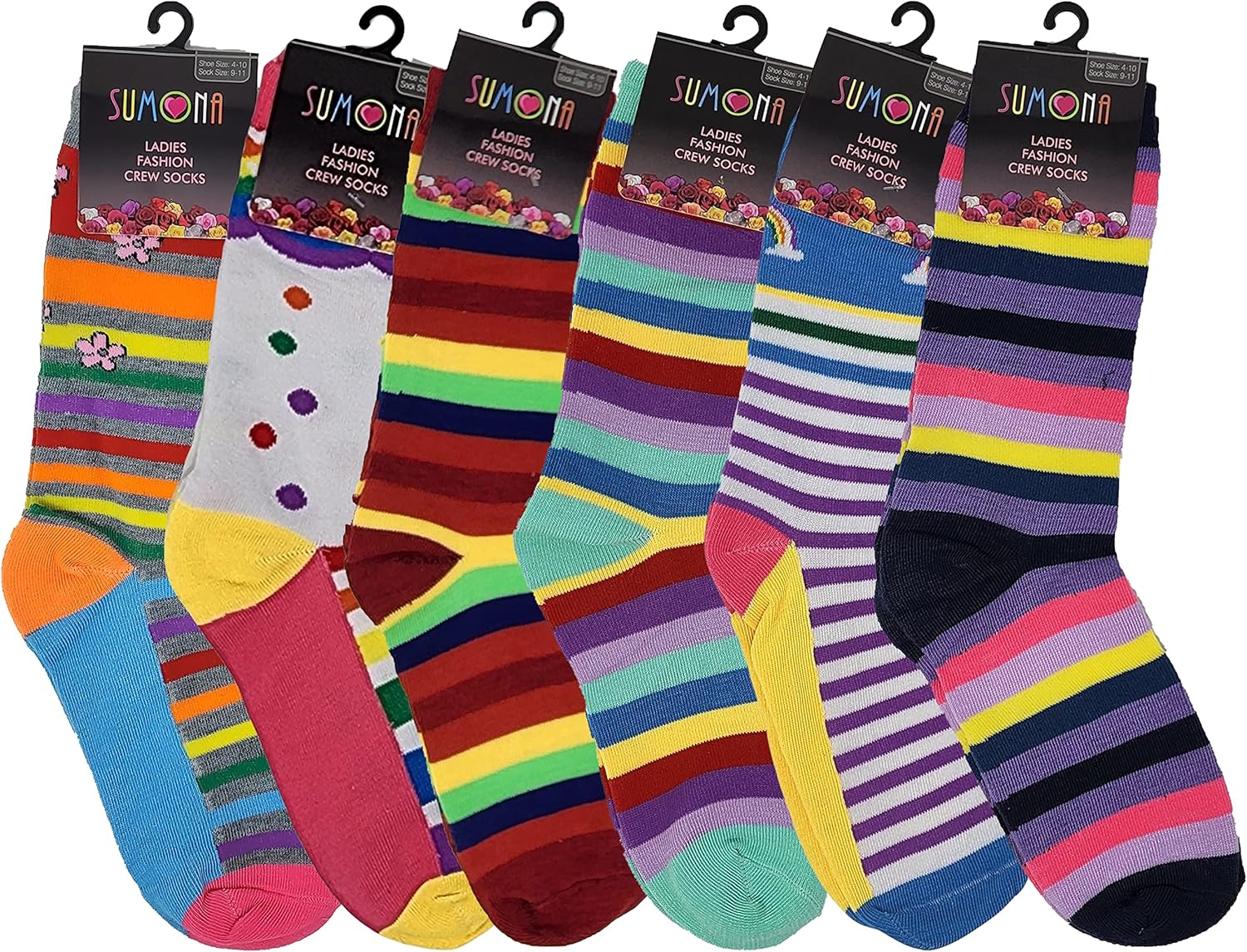 Sumona 6 Pairs Women Colorful Fancy Design Soft & Stretchy Novelty Crew Socks (Rainbow Stripes) - Image 4