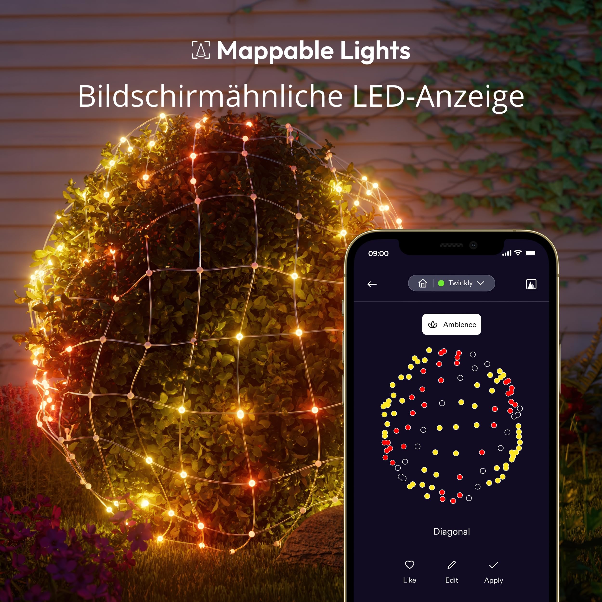 Twinkly Netzlichter, Flexibles LED-Gitter mit 260 RGB-LEDs, Lichtstreifen für Drinnen und Draußen, Kompatibel mit Alexa, Google Home, IP44, App-Steuerung, Transparentes Kabel, 1,2 m x 1,9 m