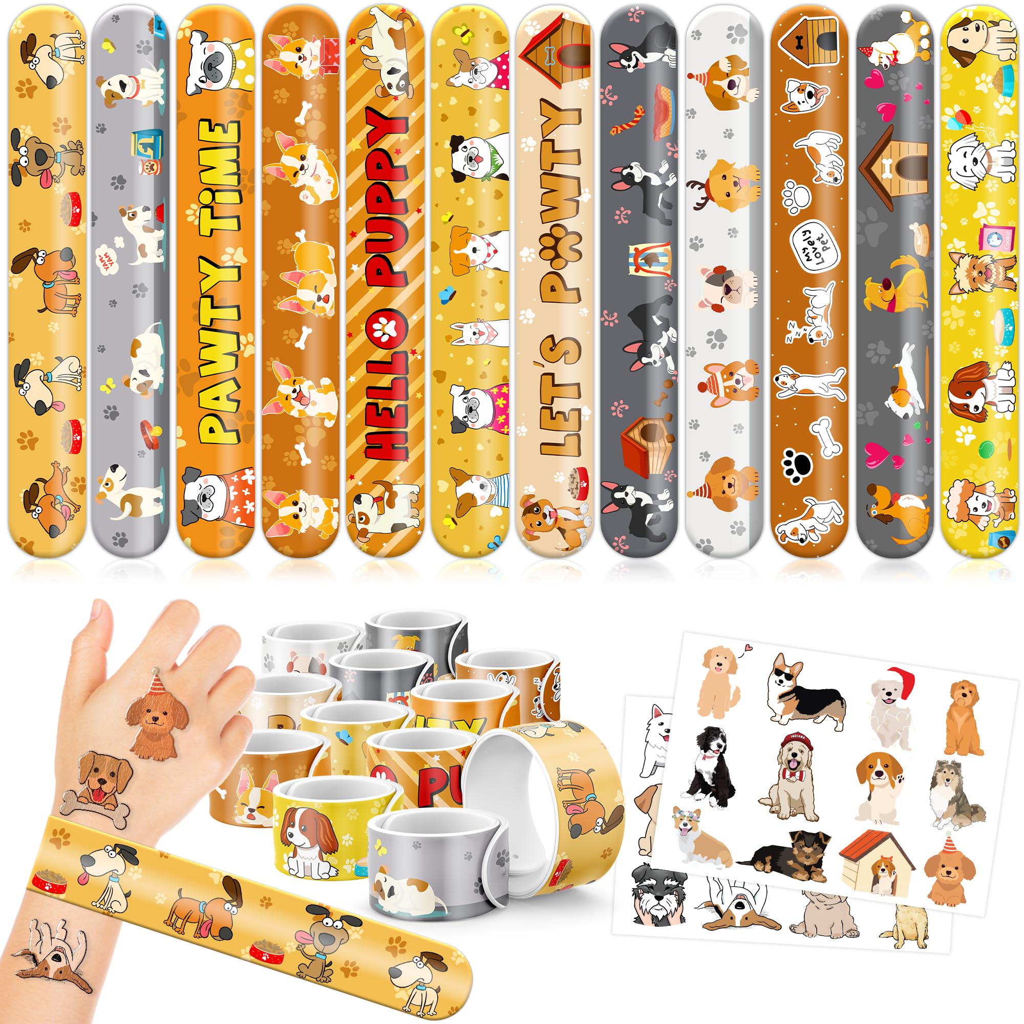 48PCS Dog Party Favors - 24PCS Tattoos & 24PCS Snap Bracelets - Puppy-Themed Birthday Supplies, Cute Decorations, Classroom Prizes, Gifts for Kids