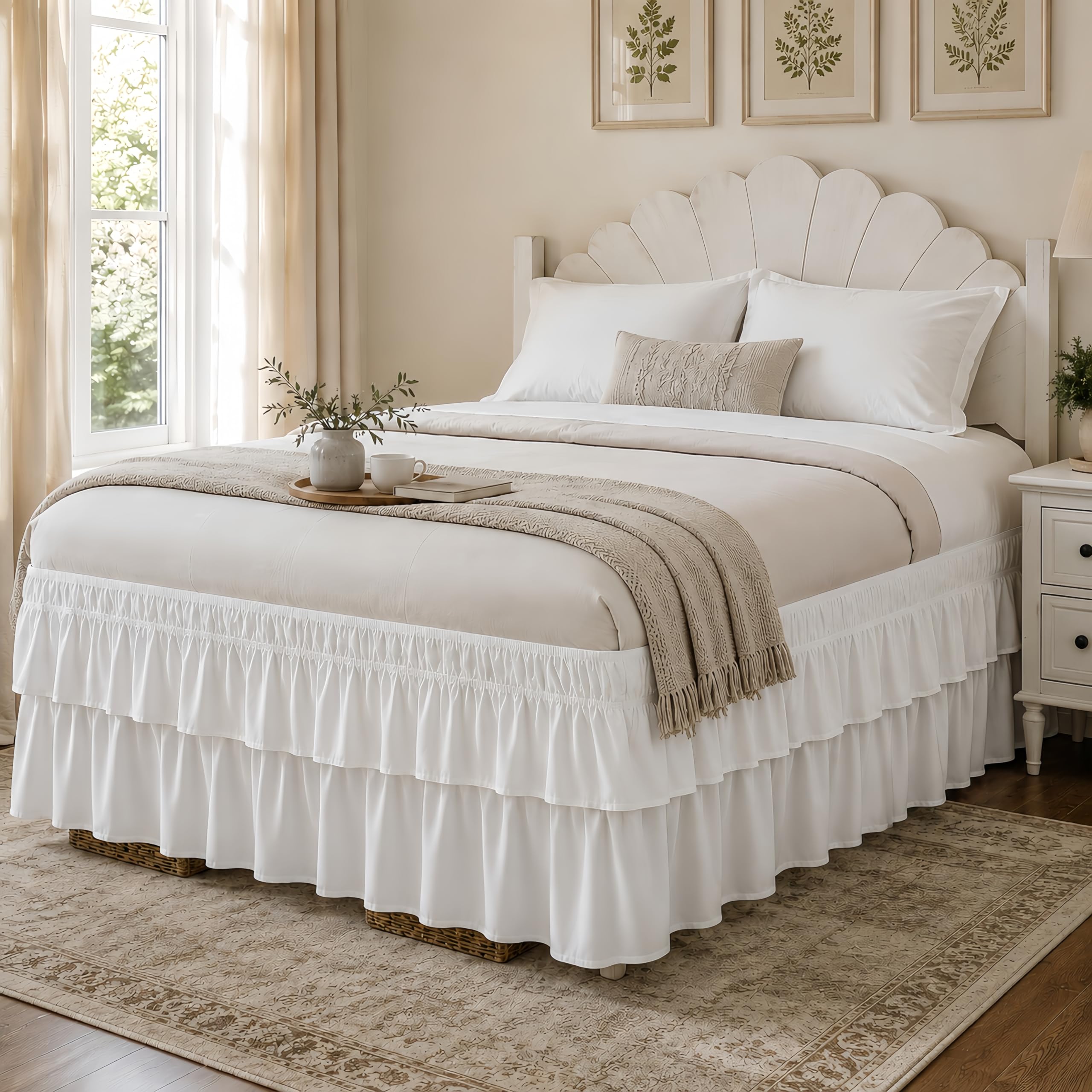RIMELA Multi Ruffle Bed Skirt Warm White Queen 15 Inch Drop, Bed Skirting Dust Ruffle Queen Size Elastic Wrap Around, Easy-Install Soft Fabric Machine Washable, 2 Layer Bedskirt-image-5