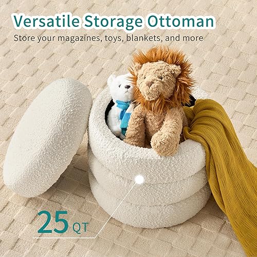 Miniatura 3 de Otomana redonda con almacenamiento para sala de estar, taburete pequeño con forma de ramo, moderno tapizado, reposapiés otomano para dormitorio,