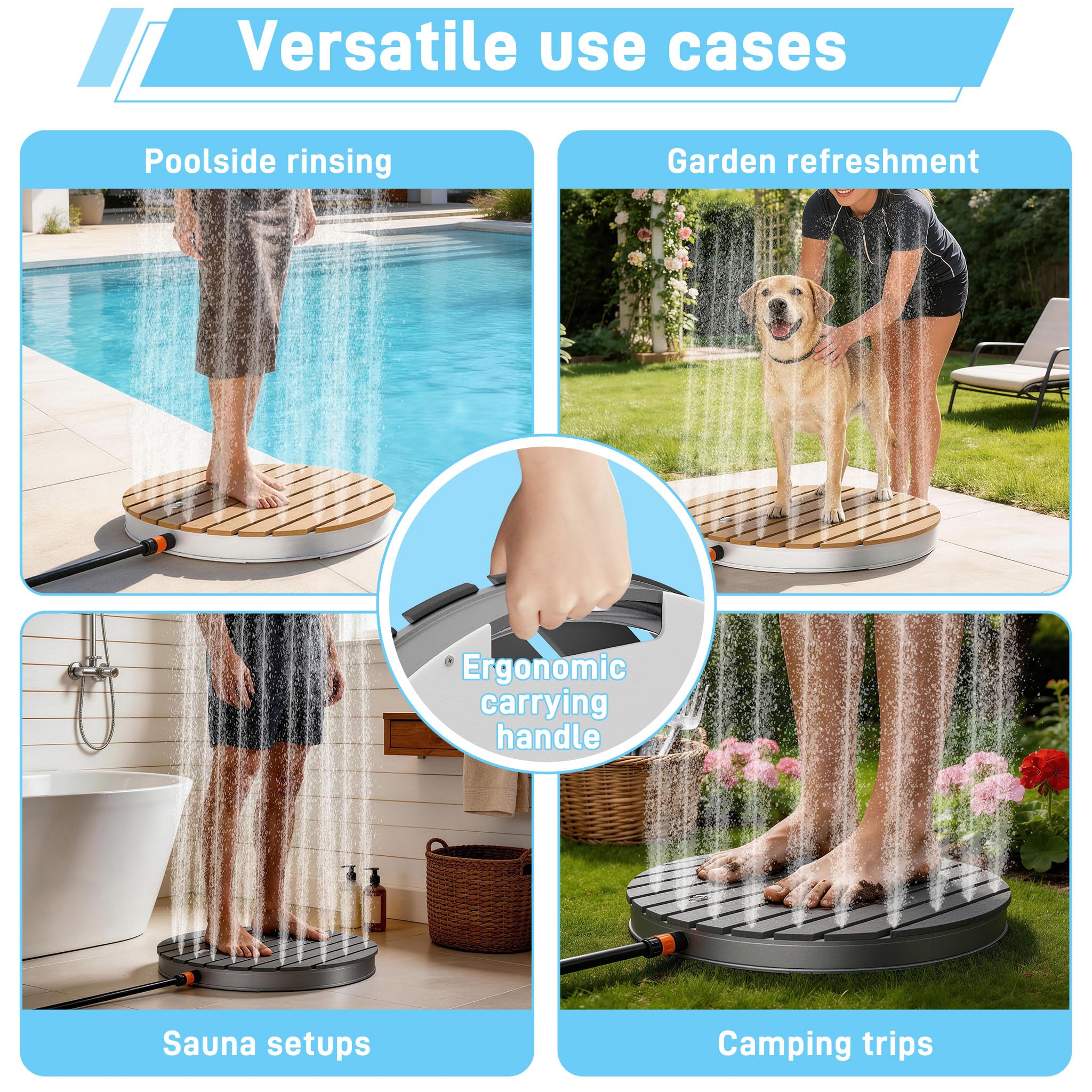 UISEBRT WPC Gartendusche Bodendusche mit Fußrad bis 4 m Fontänenhöhe,rutschfest wetterfest Frost- & UV-Beständig Außendusche für Pool, Camping, Sauna, Hundewäsche,Braun Rund (Ø 70cm)