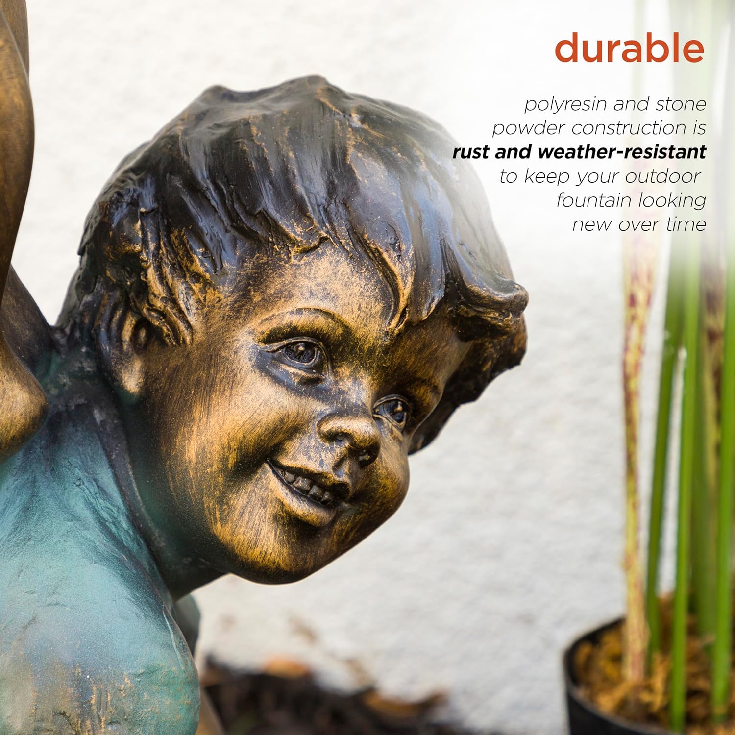 Alpine Corporation GXT472 27" Outdoor Floor Joyful Boy and Girl Drinking Water Fountain, Playful Garden Waterfall with LED Lights – Decorative Water Feature for Patios, Yards, and Gardens, Bronze