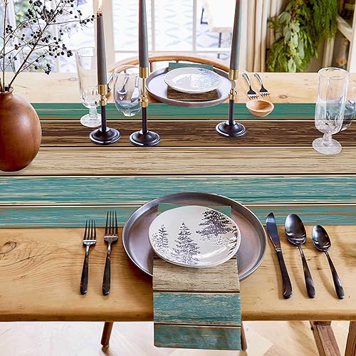 Miniatura 362 de Camino de mesa de algodón y lino estilo granja rústico retro, textura de madera de granero, color degradado marrón y gris, antideslizante,