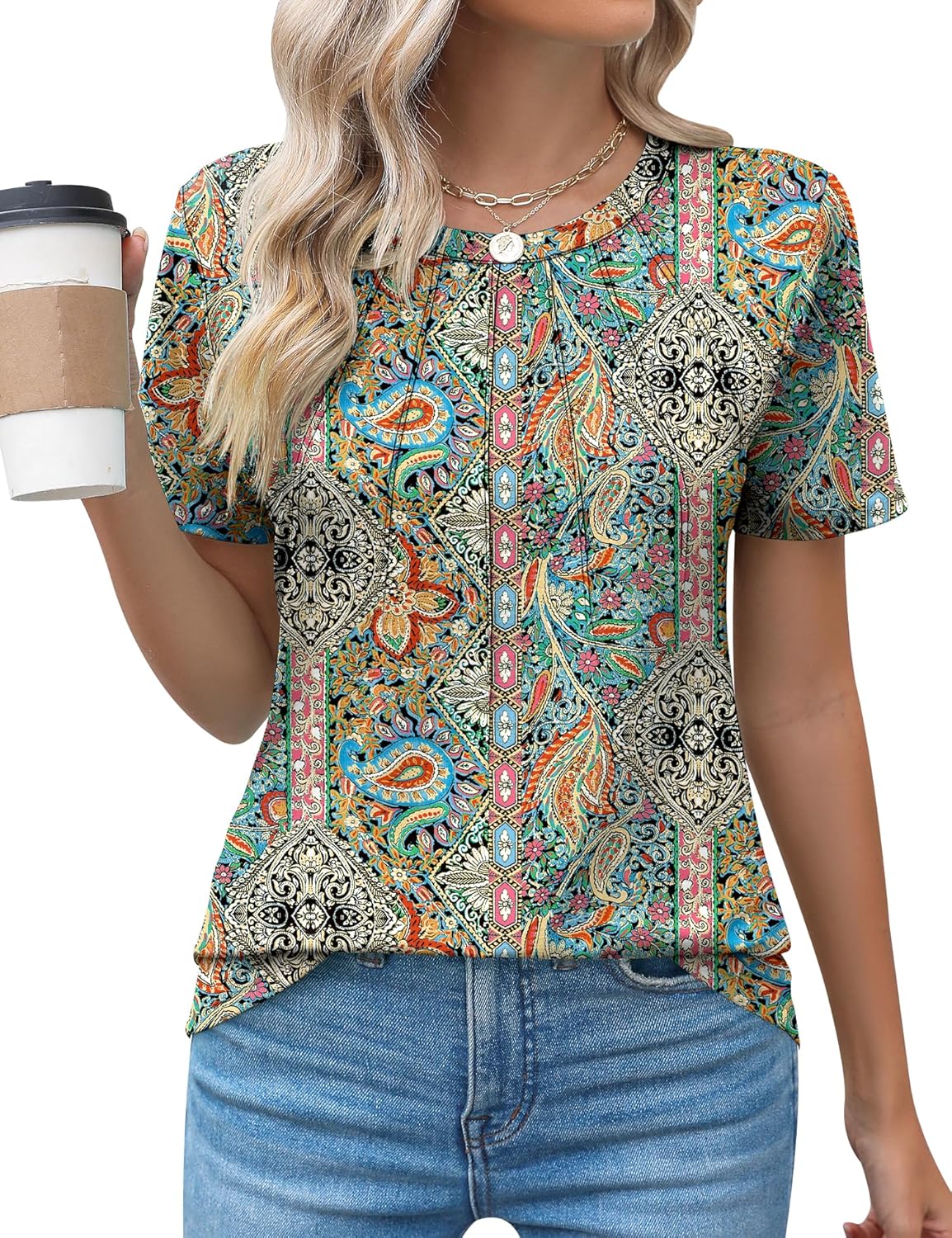 Kistore Womens Casual Crew Neck Short Sleeve Pleated Tops Blouses Fashion Clothes 2026