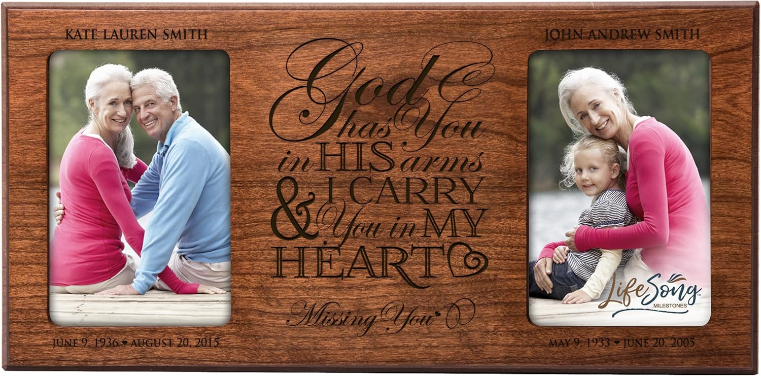 LifeSong Milestones Personalized Memorial Sympathy Picture Frame, God Has You in His Arms & You in My Heart Missing You, Custom Frame Holds Two 4x6 Photos, Made in USA (Cherry)