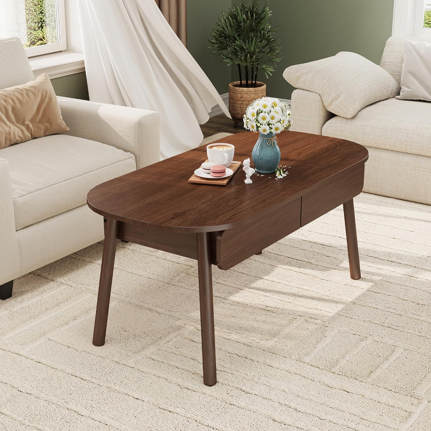 Mid Century Modern Coffee Table, Walnut Wood Coffee Table with 2 Drawers, Living Room Table with Rounded Corner for Home