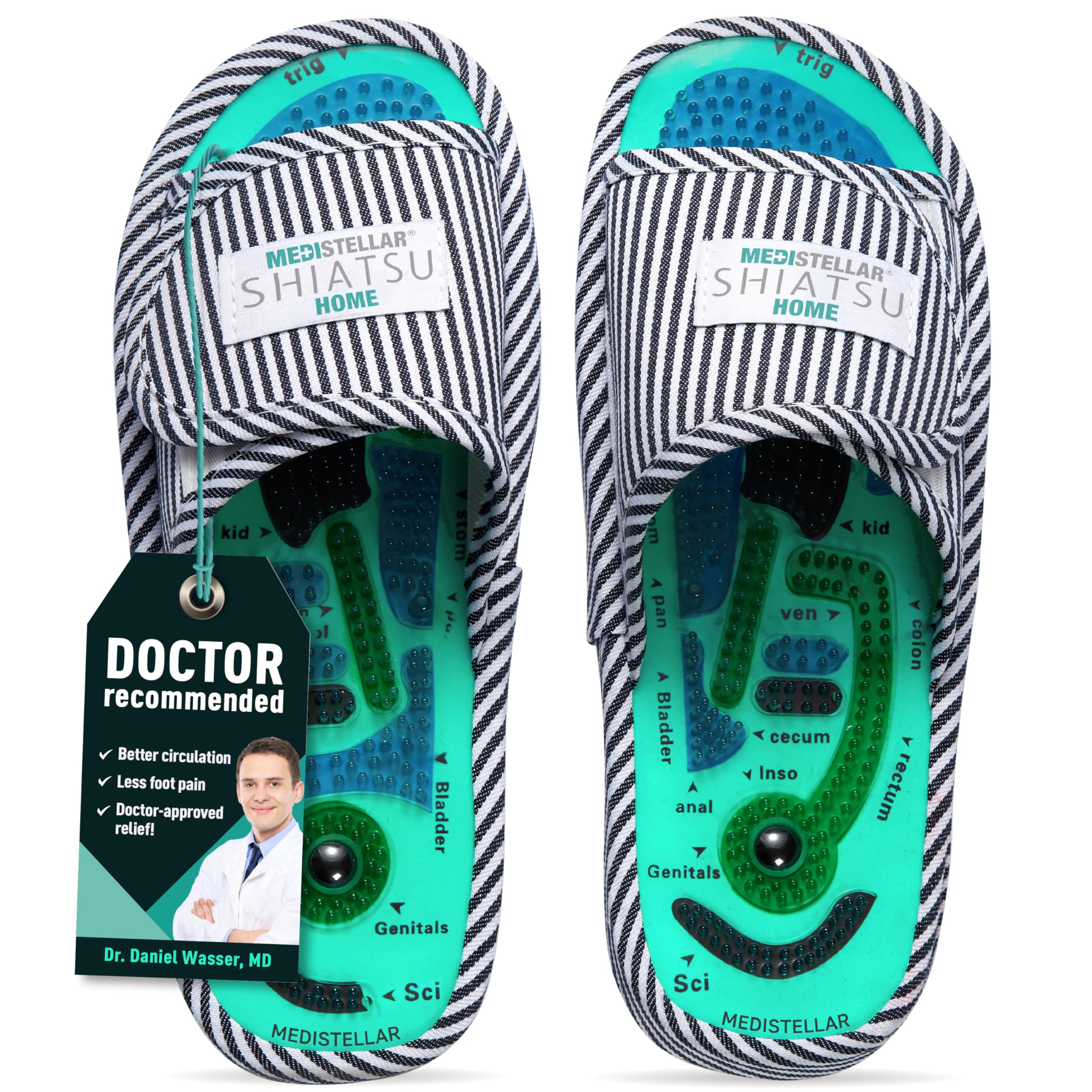 MEDISTELLAR Shiatsu Home Acupressure Massage Slippers, Reflexology & Plantar Fasciitis Relief, Acupuncture Foot Massager, Women (10.5-12) Men (9-10.5) White/Black