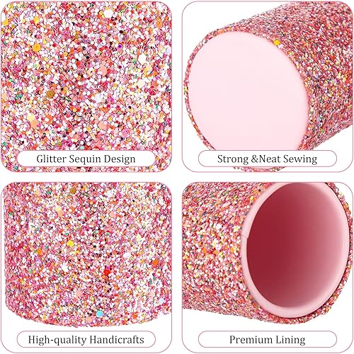 Miniatura 4 de Portalápices de lentejuelas brillantes con 6 bolígrafos de clic de lentejuelas rosas, bonitos bolígrafos retráctiles con lentejuelas y brillantina,