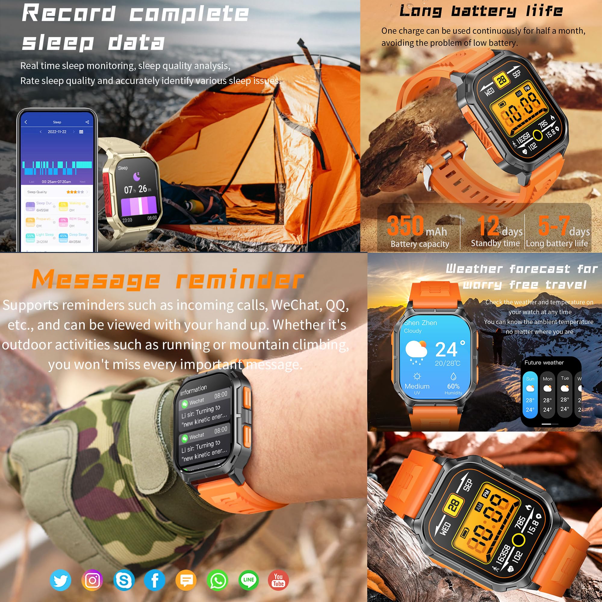 Smartwatch Inteligentny Zegarek Męski z Połączeniami, 2,01" Wodoodporny Smart Watch Sportowy Krokometr Pulsometr Ciśnienie Bransoletka Aktywność Cyfrowy Zegarek dla IOS Android (Czarny Pomarańczowy)