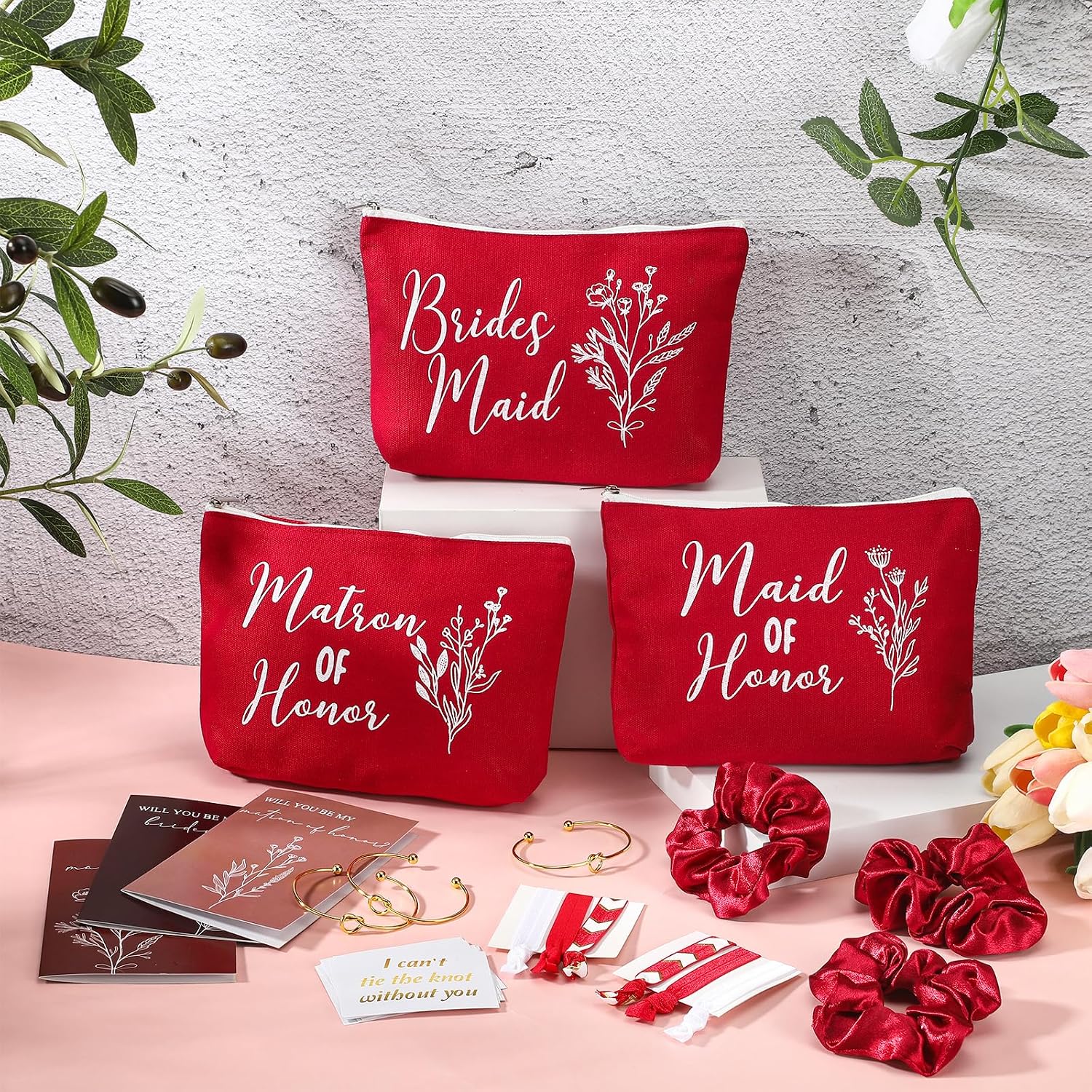 Brand 48 Pcs Bridesmaid Proposal Gifts Set: Includes Cosmetic Bags, Scrunchies, Hair Ties, Knotted Bracelets, Invitation Cards in Red
