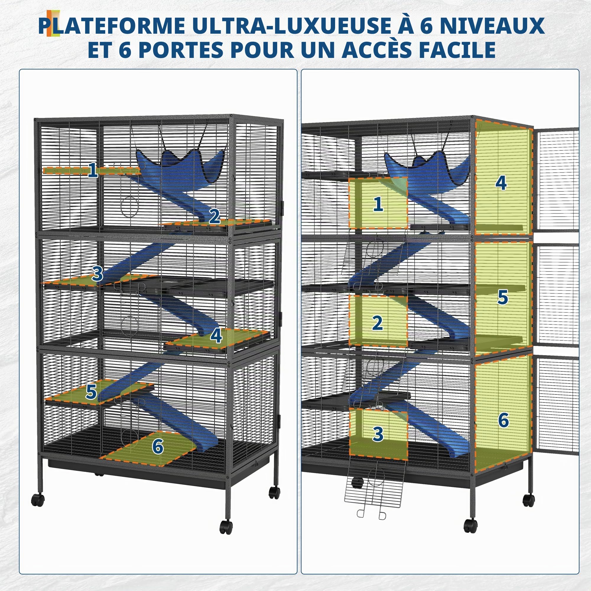 Garvee Cage en métal spacieuse 6 Niveaux, avec rampes en Polaire et hamac, Portes Doubles sécurisées, roulettes et bac Amovible, pour furets, Chinchillas, cochons d‘Inde.