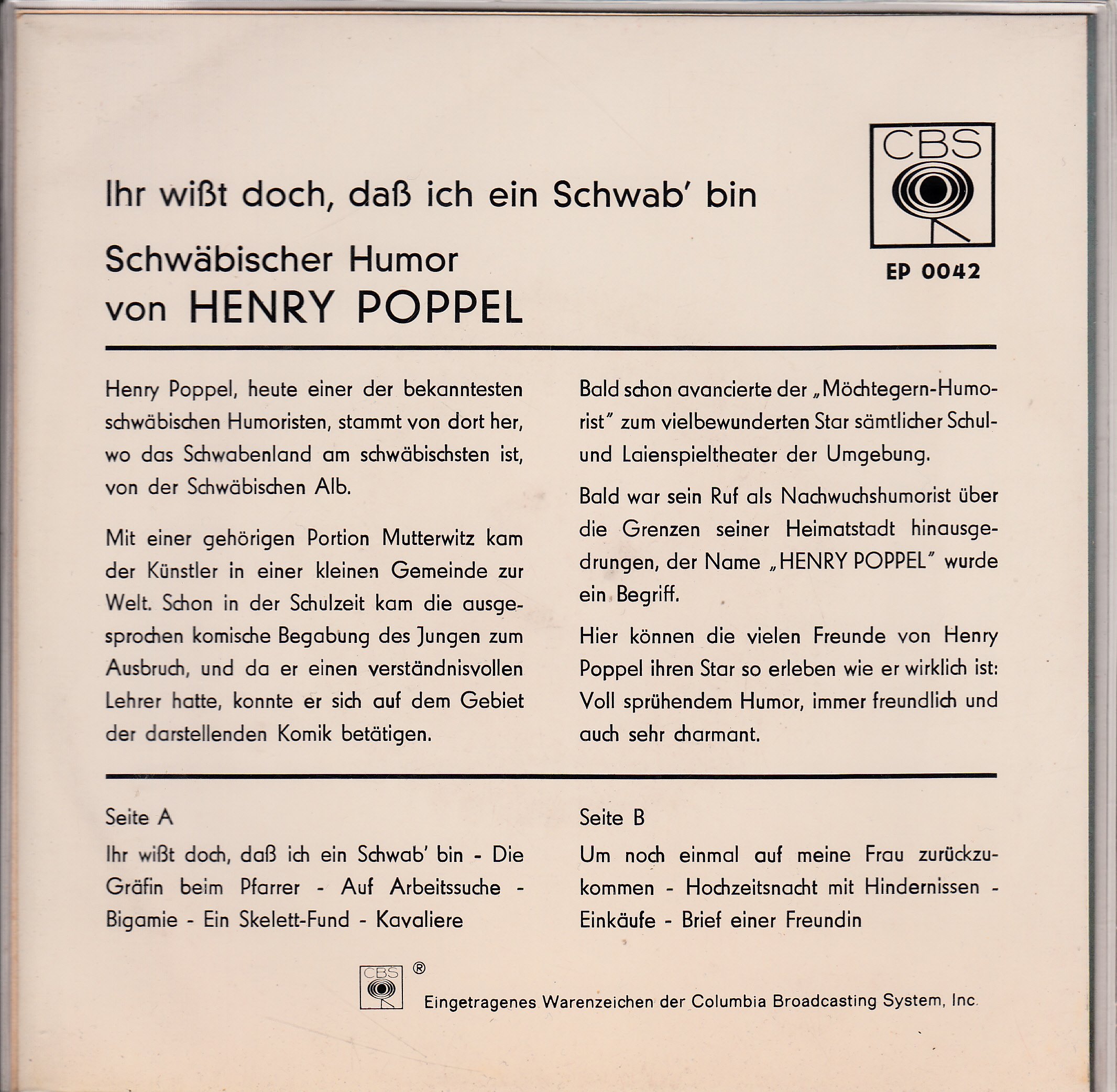 HENRY POPPEL / Ihr wißt doch, daß ich ein Schwab bin! / Schäbischer Humor / Bildhülle / CBS # EP 0042 / Deutsche Pressung / 7" Vinyl Single Schallplatte