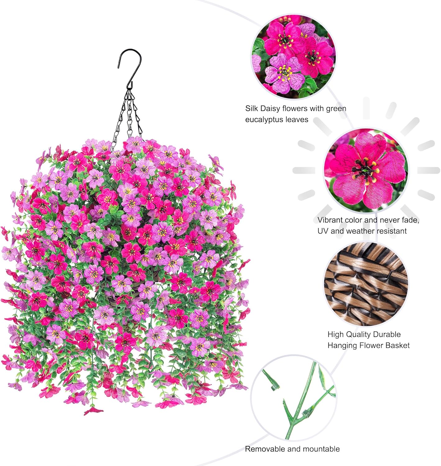 HyeFlora Artificial Hanging Flowers Basket for Outdoor, Fake Flowers Faux Plants Look Real for Yard Gardens Porch Patio Home (Purple+Hotpink) - Image 2