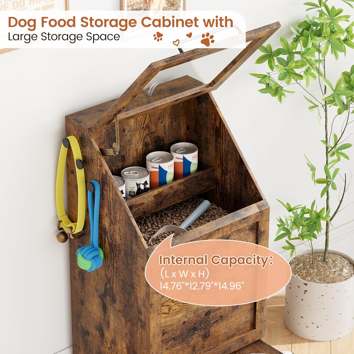 Garvee Dog Feeding Station with 2 Elevated Bowls, Dog Food Storage Cabinet, Flip Top Pet Feeding Station, Food Storage Container, Pet Toy Organizer, Brown
