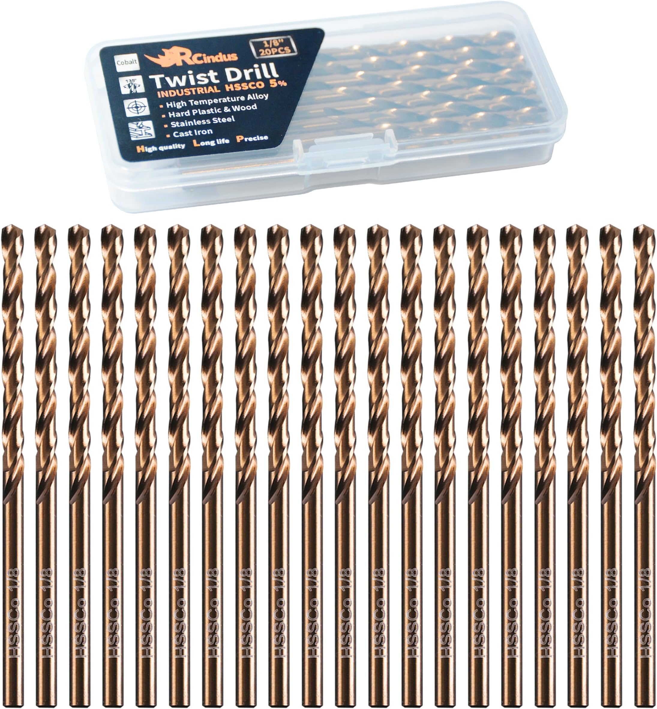 (20PCS) 1/8" Cobalt Drill Bit, HSS M35 Metal Drill Bits for Steel, Stainless Steel, Cast Iron, Hard Plastic and Wood