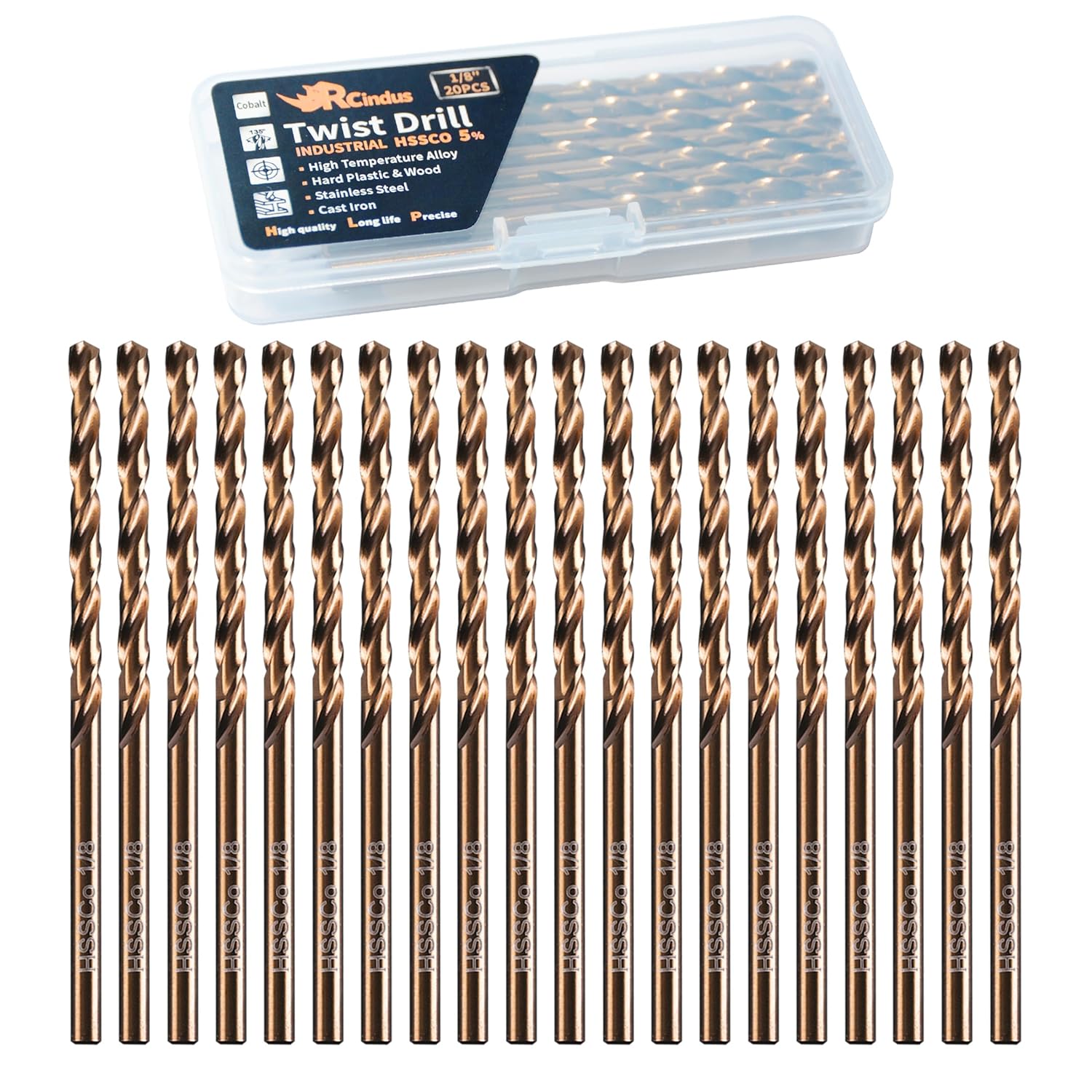 (20PCS) 1/8" Cobalt Drill Bit, HSS M35 Metal Drill Bits for Steel, Stainless Steel, Cast Iron, Hard Plastic and Wood