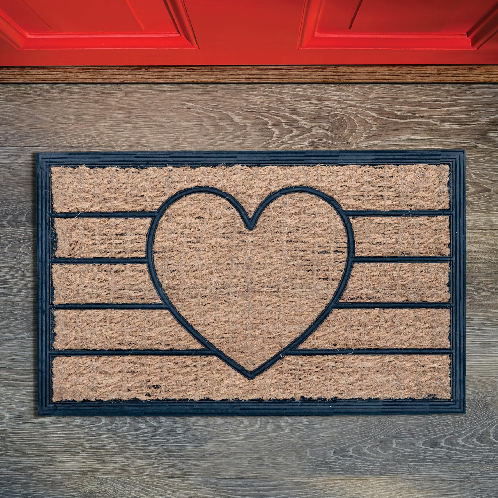 Capitolio - Felpudo de fibra de coco y goma, para exterior e interior, para entrada y puerta, resistente, base antideslizante, antilluvia y suciedad, diseño de corazón, rectangular, 40 x 60 cm