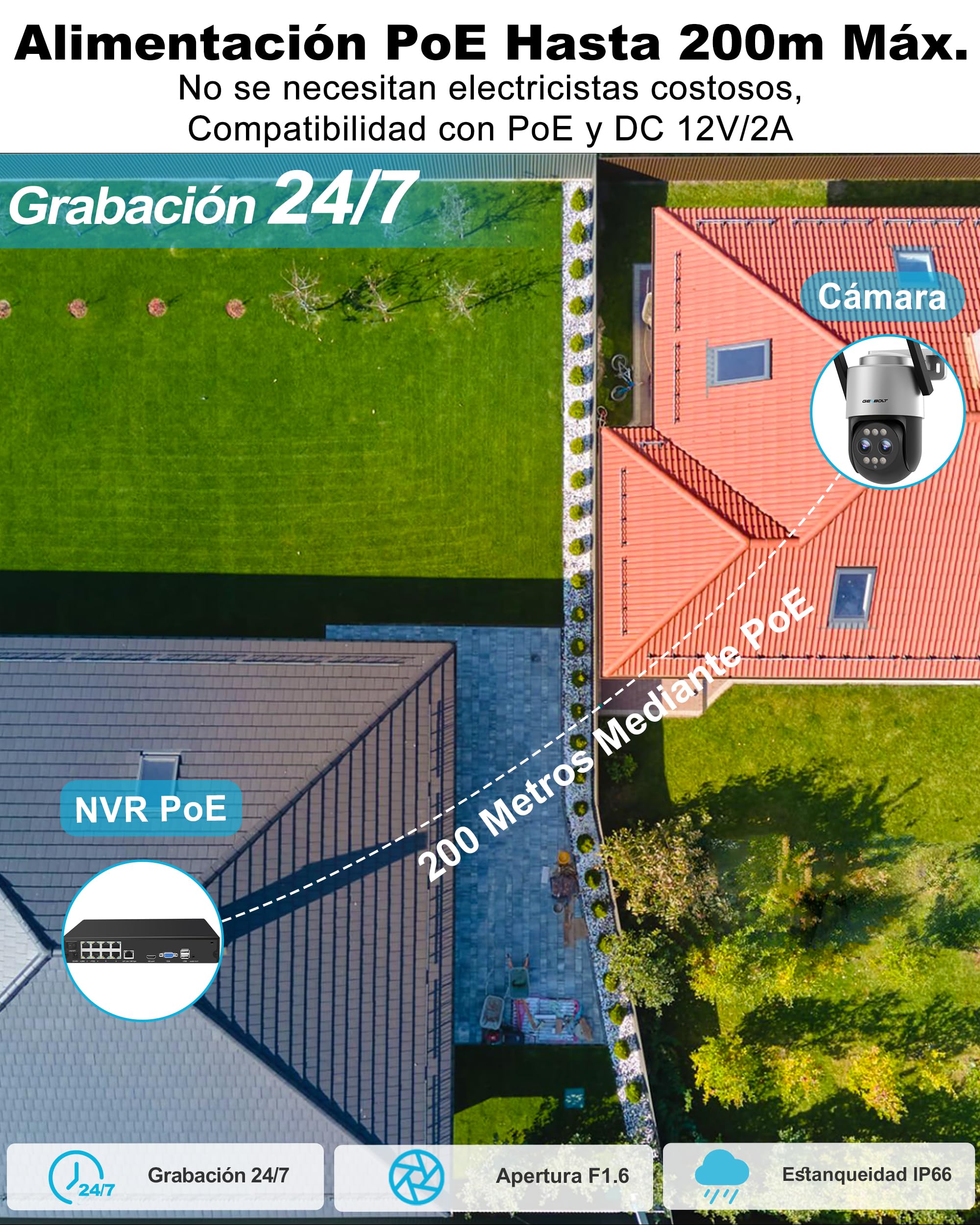 GENBOLT 2.5K PTZ WiFi Cámara Vigilancia Exteriores con PoE,Doble Lente 4MP IP Cámara Seguridad Exterior 10X Zoom Híbrido,Color Nocturno,Seguimiento Automático y Detección de Humanoides(2.4&5GHz) | Zoom híbrido 10X, grabación 24/7, CC y POE, cámara PTZ, no