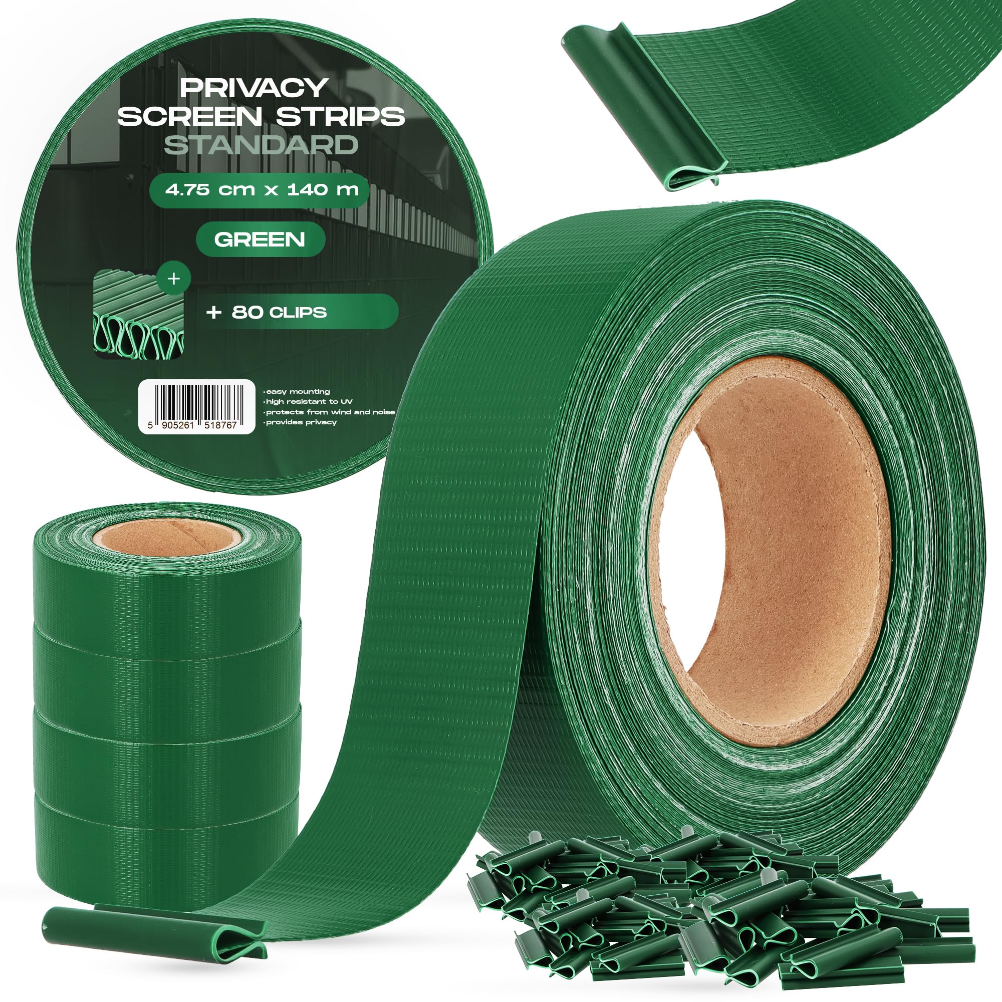 Brise-Vue Occultant 4,75 cm x 140 m Bande Film Clôture Jardin Balcon Double Fil Barreaux 80 Clips Fixation Protection Solaire Contre Vent Intempéries Rouleau