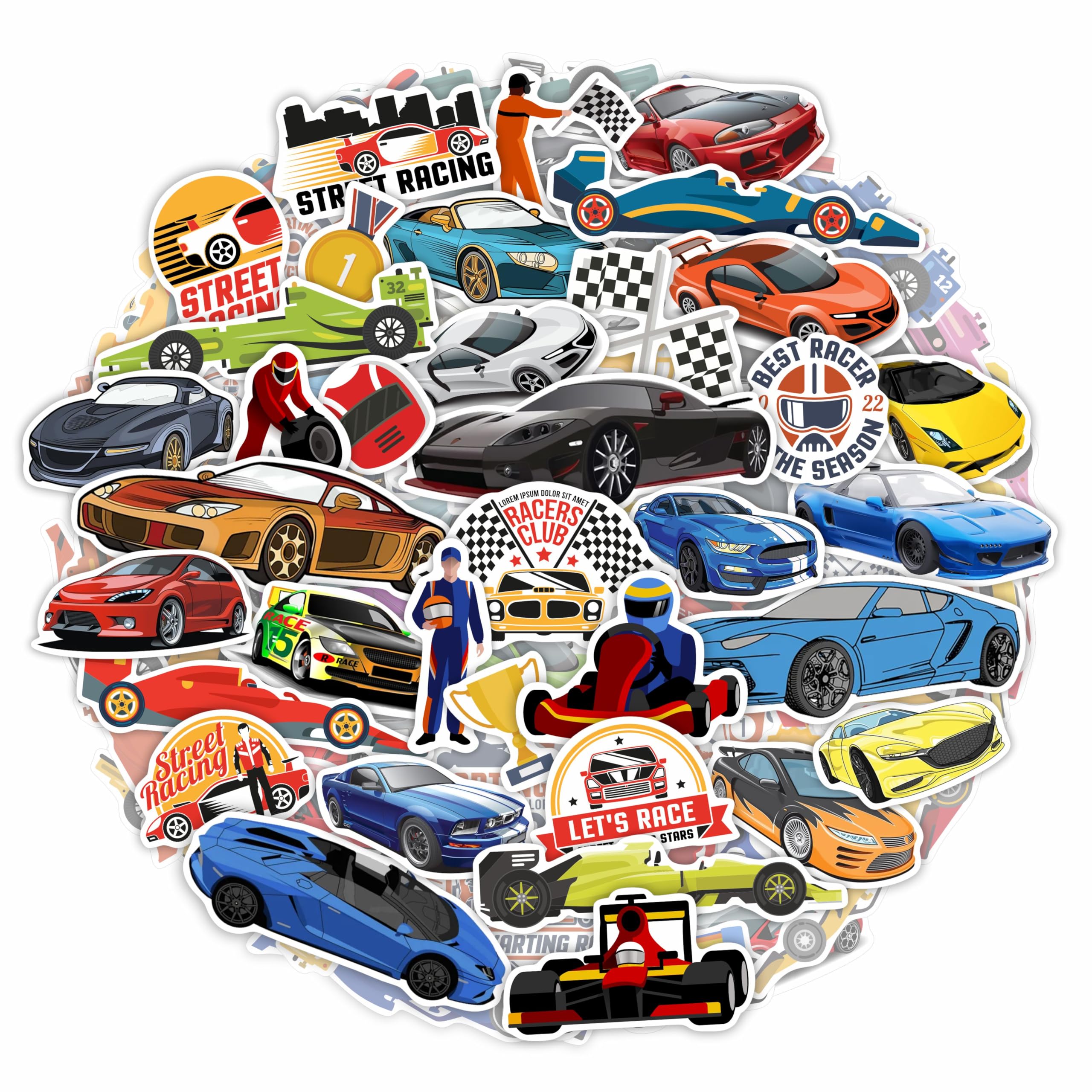 BulbaCraft 100Pcs Race Car Stickers for Kids, Racing Stickers and Decals, Race Car Toys, Race Car Party Favors, Car Racing Gifts, Race Car Birthday Decorations, Car Race Kids, Racing Decals