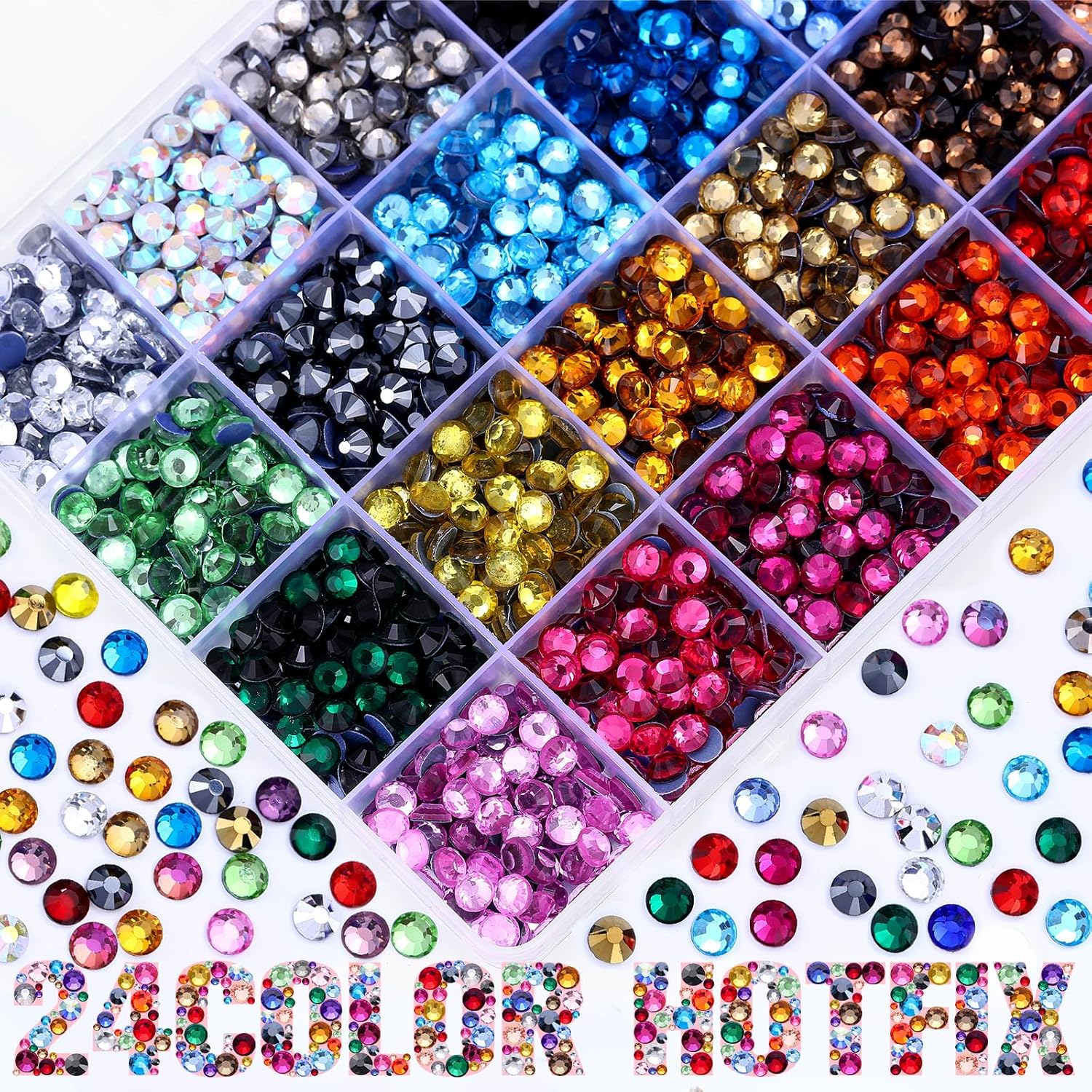 24 Colors Hotfix Rhinestones Kit, SS30 Glass Flatback Crystals for Clothes, Hats, Shoes & Crafts with 4 Tools, Tweezers, Wax, Pencil, Spoon hot fix kit