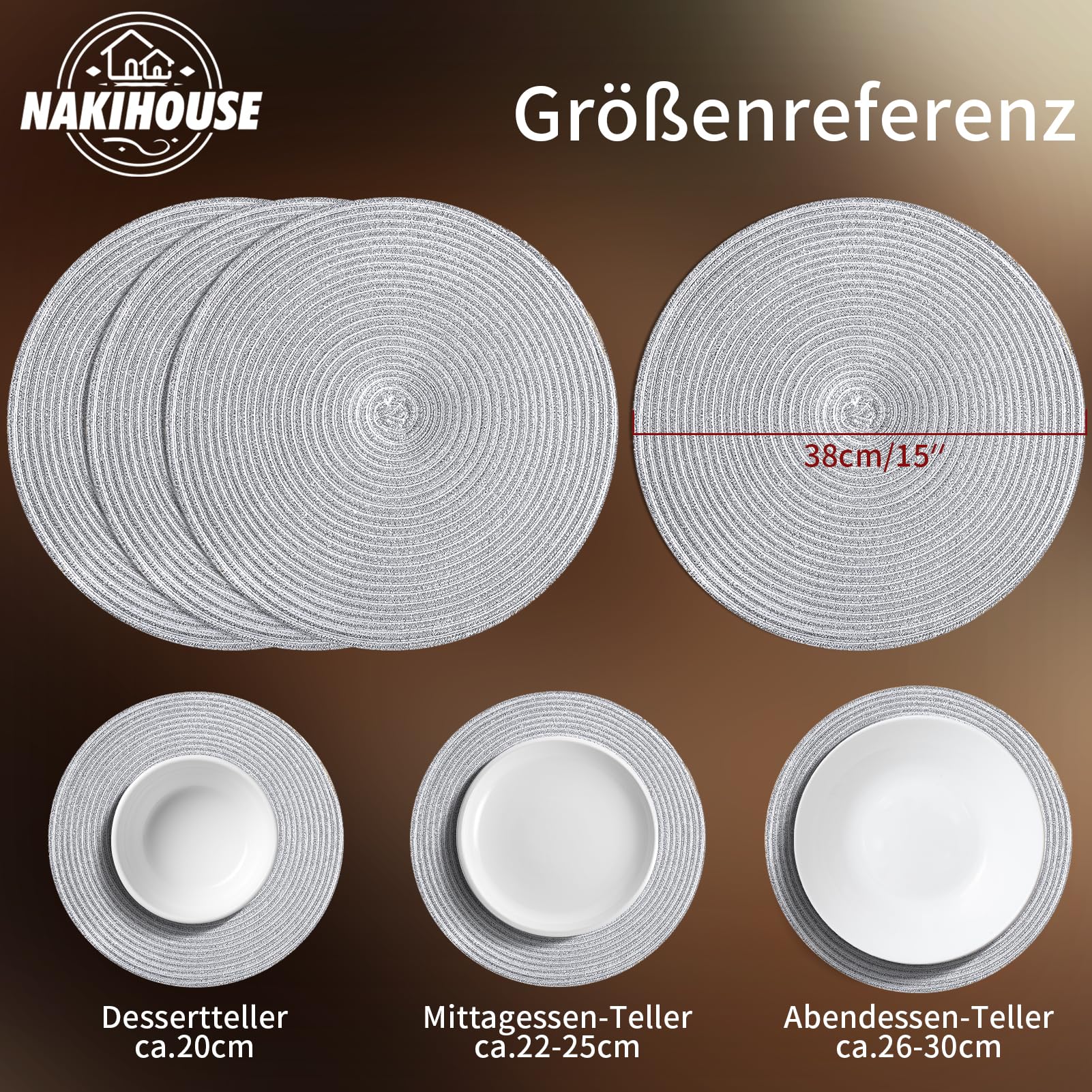 Tischsets Abwaschbar Rund Geflochten Silber Tischset 12er Set | 38cm Platzsets Abwischbar, Rutschfest, Hitzebeständig Schmutzabweisend Platzdeckchen für Hochzeit, Restaurant, Küche