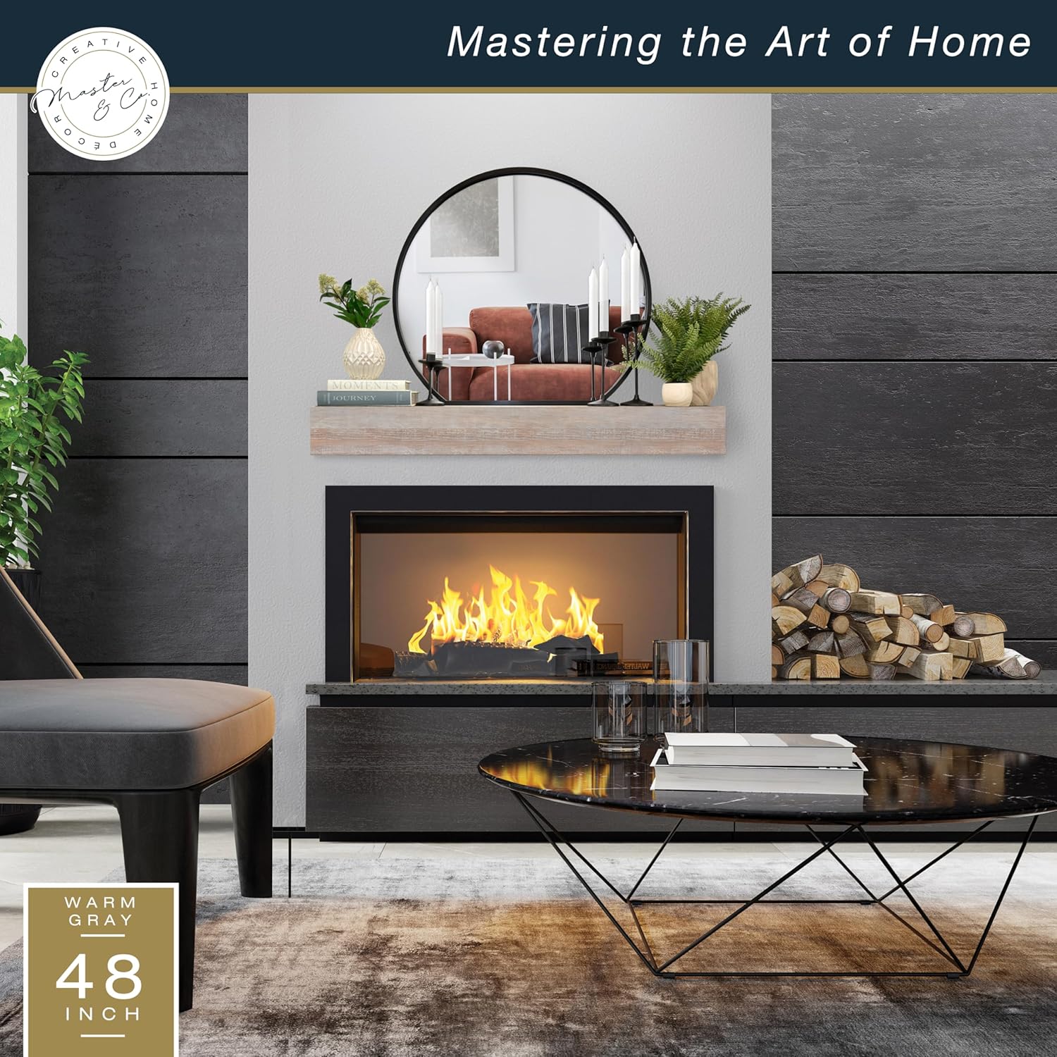 MCS 48-Inch Mantel, Master & Co Warm Gray Finish Solid Wood Floating Fireplace Mantel, Long Floating Shelf for Livingroom with Wood Cleat Hanging System, Photo and Home Decor Display Shelf